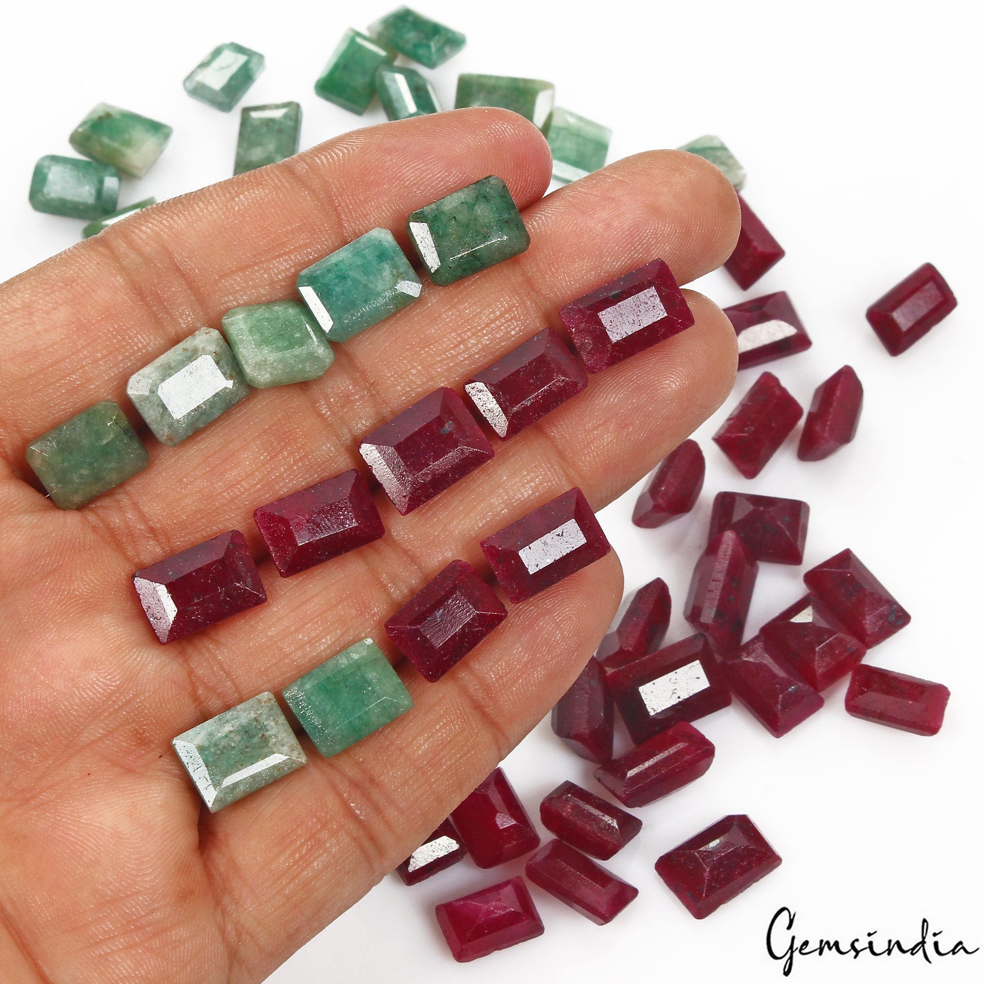 Certified 300 Ct/50 Pcs Natural Red Ruby Green Emerald Baguette Cut Loose Gems