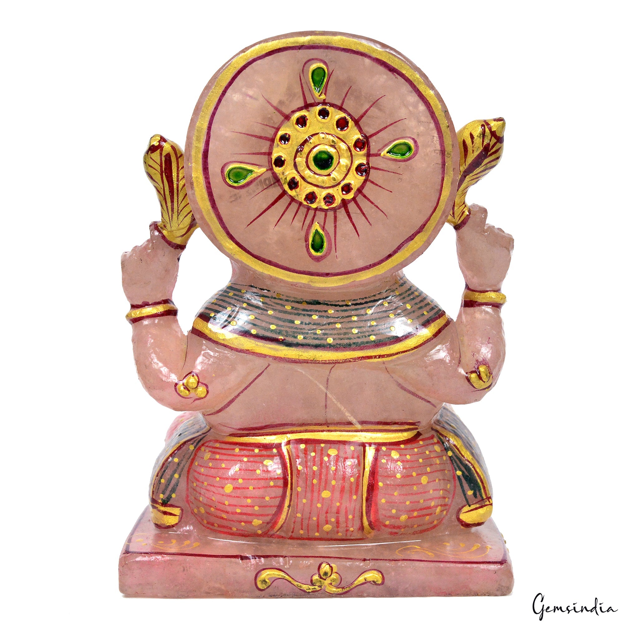 1.7 Kg Natural Rose Quartz Single Stone Carved Lord Ganesha Gold Paint Sculpture