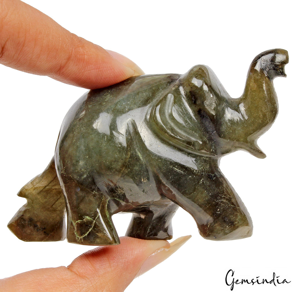 500 Ct Natural Labradorite Carved Elephant Trunk Up Gemstone Animal Statue Decor