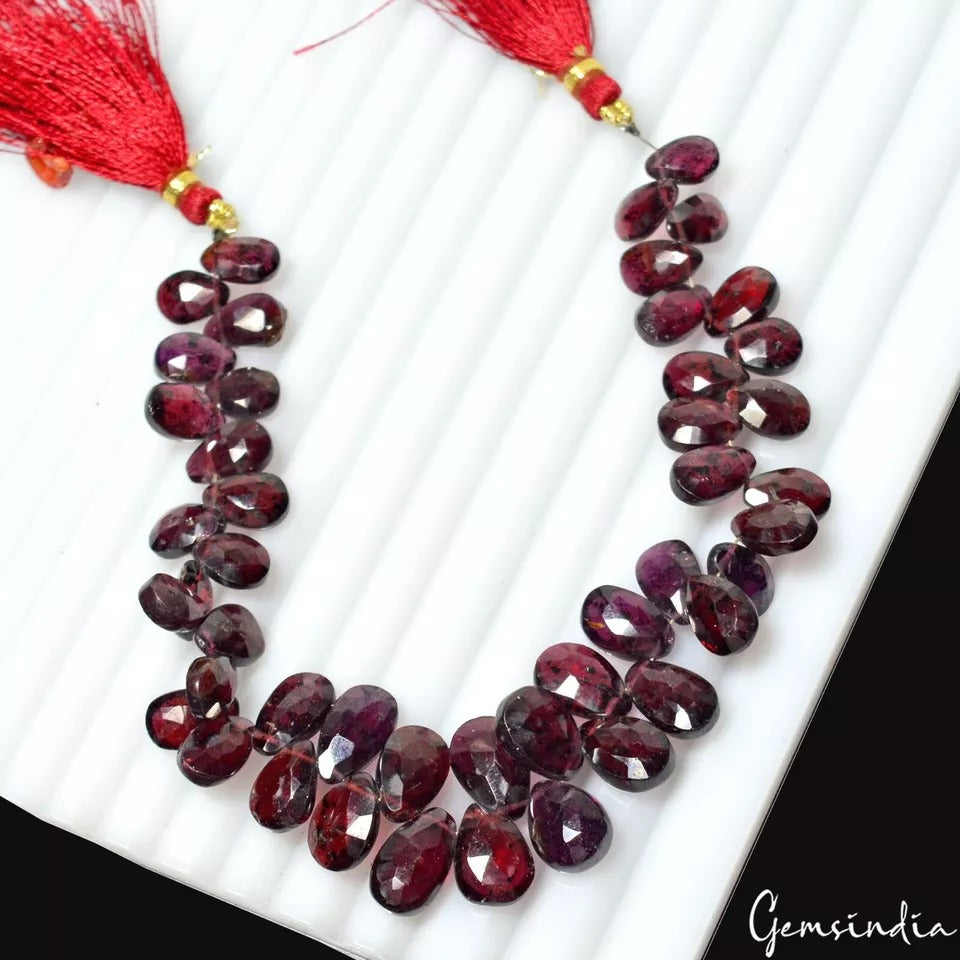 Rare Gem Natural Red Garnet Faceted Side Drilled Pear Bead/Briolettes ~8" Strand