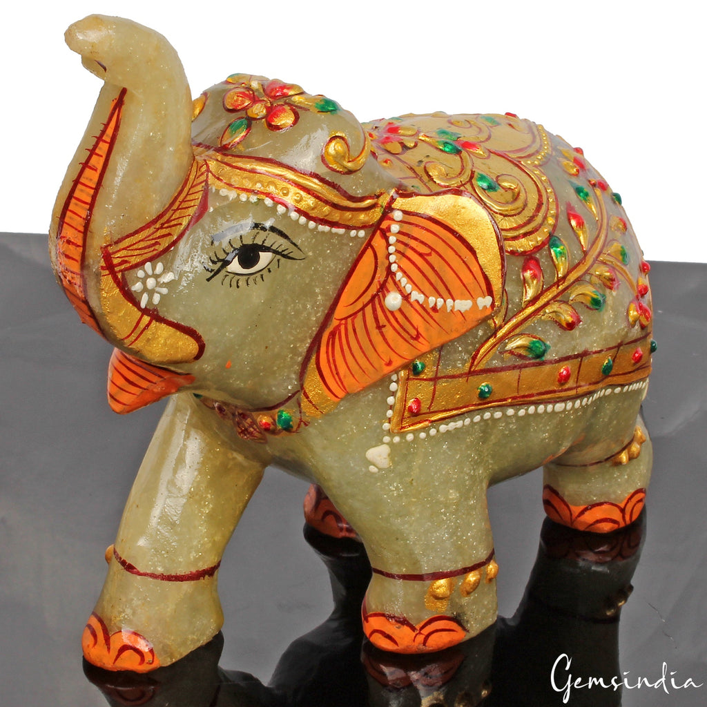 3330 Cts Natural Aventurine Gold Painted Trunk Up Elephant Home Decor/ Sculpture