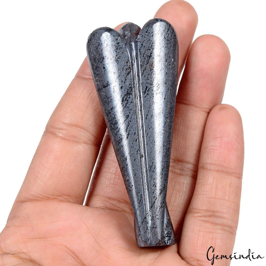340 Ct Natural Untreated Gunmetal Single Stone Carved Angel Pocket Size Statue