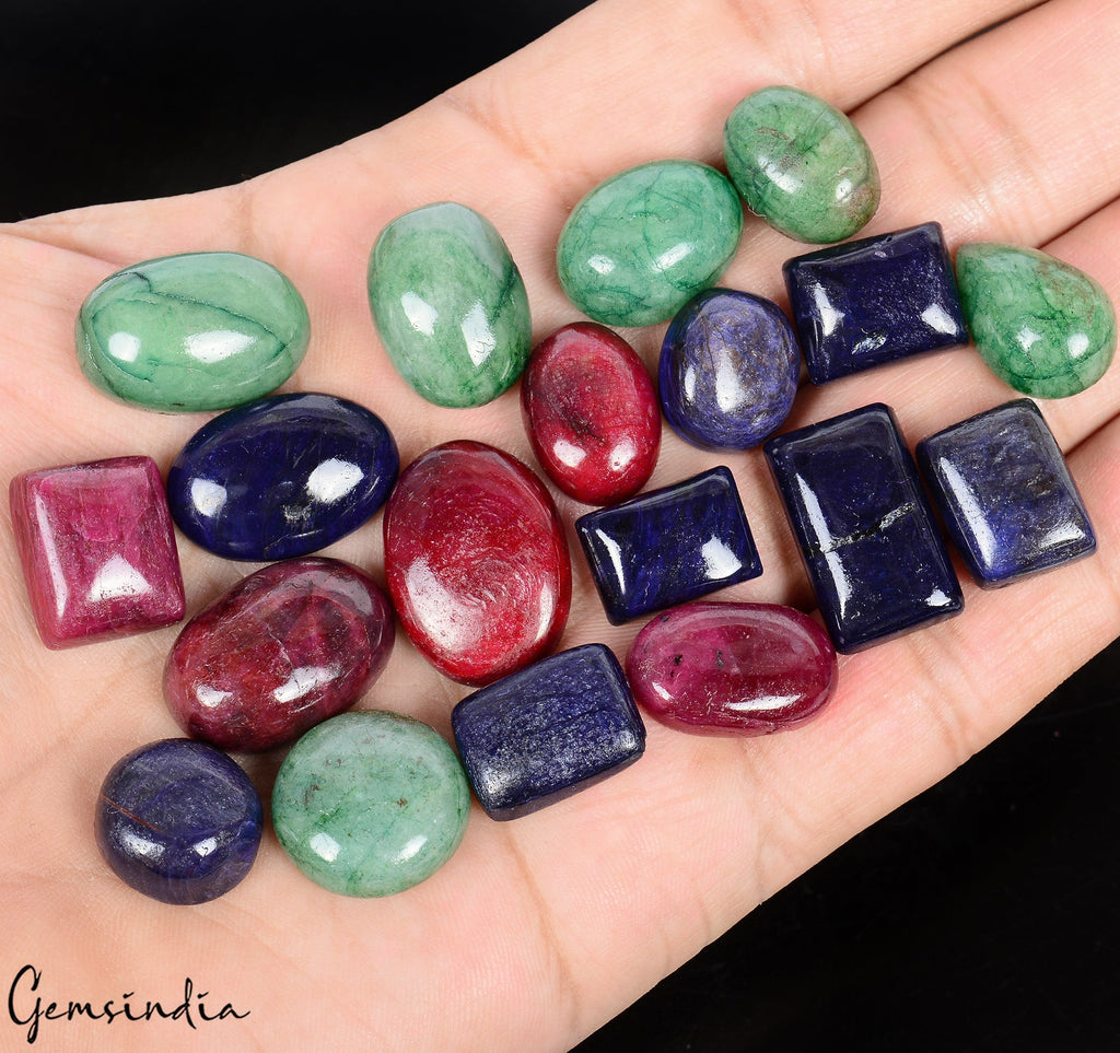 Certified 330 Cts/19 Pcs Natural Multi Color Emerald Ruby Sapphire Mix Cab Gems