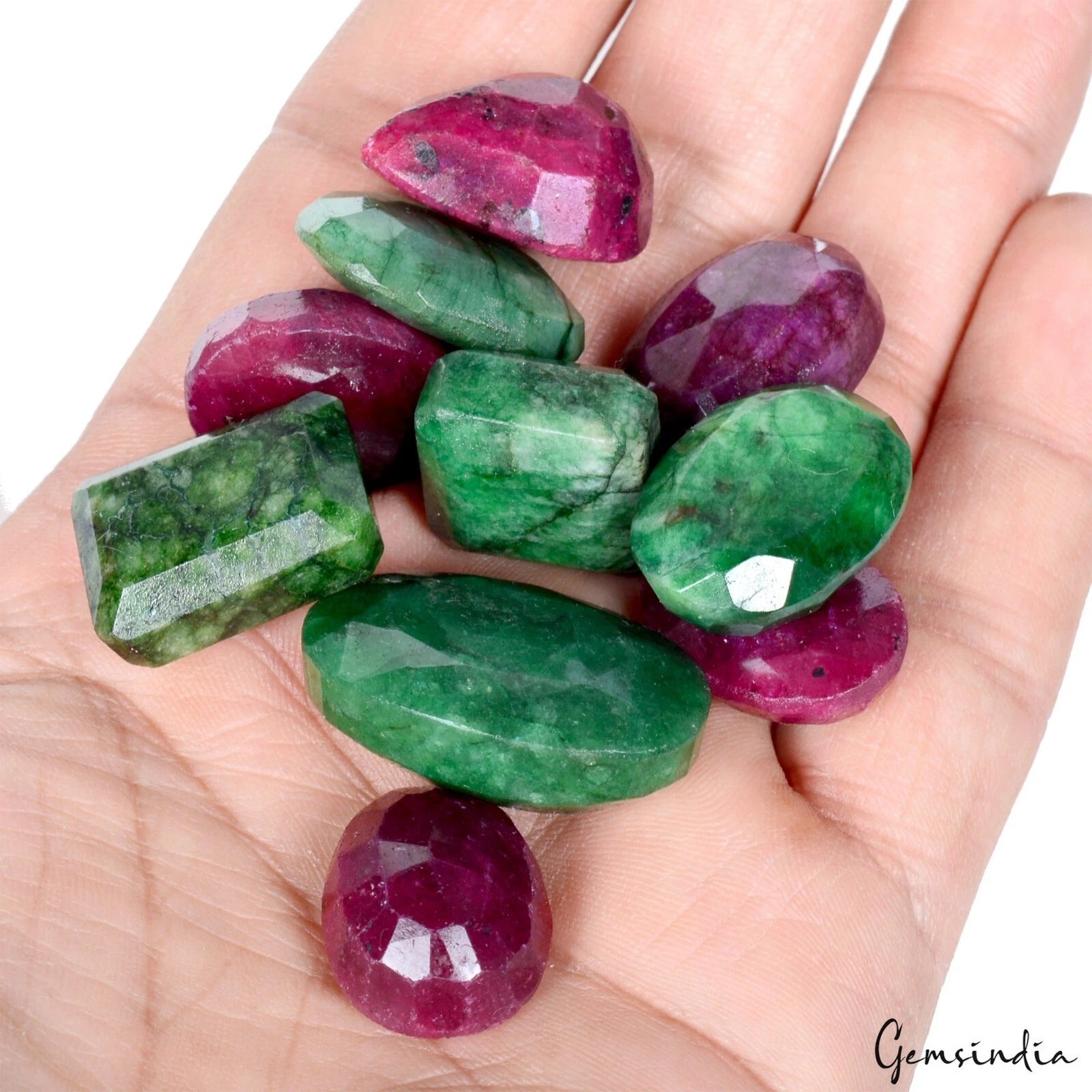 380 Cts/10 Pcs Natural Red Ruby Green Emerald Mixed Cut Loose Wholesale Gems Lot