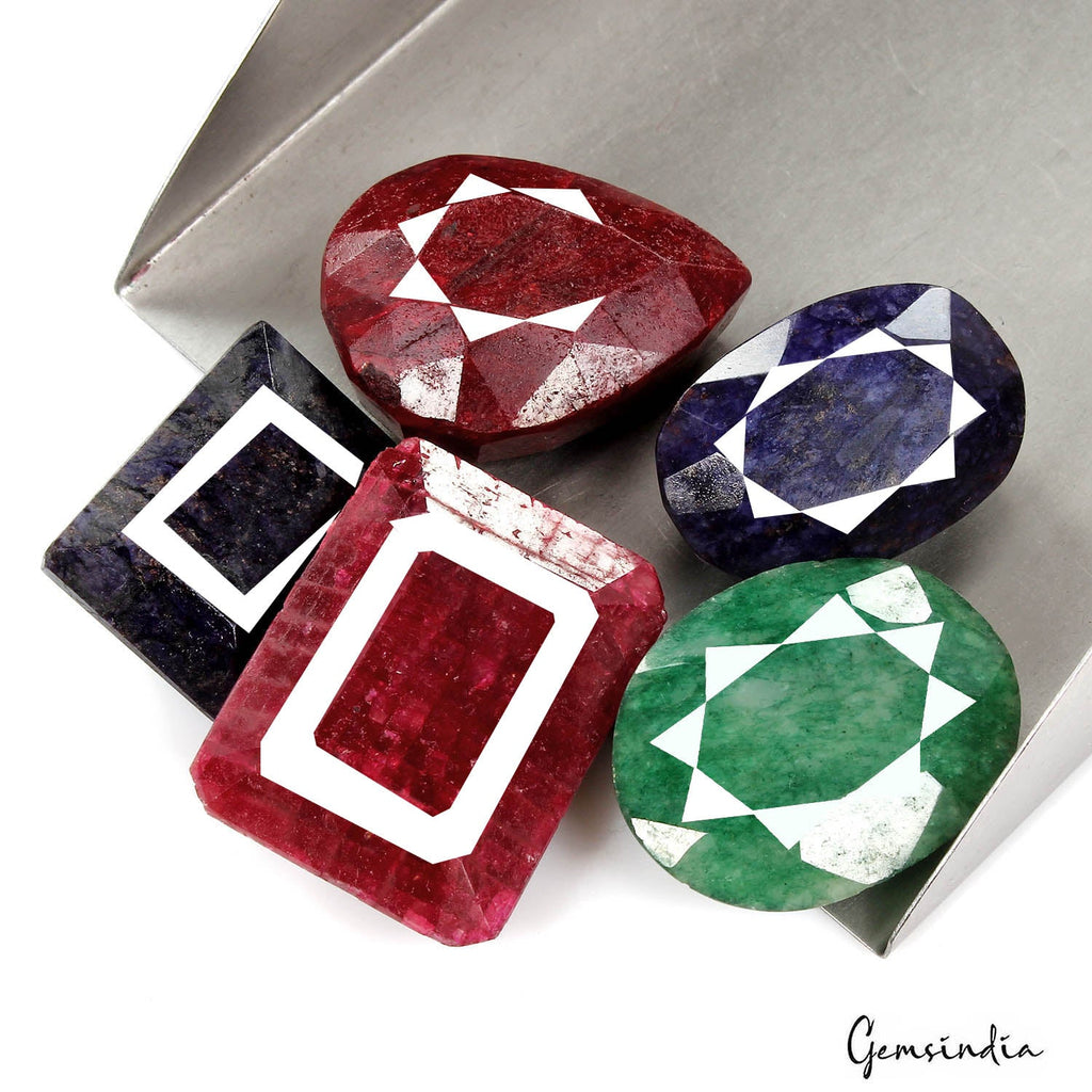 500 Cts Natural Ruby, Sapphire & Emerald Mix Cut Loose Huge Gemstones 5 Pcs Lot