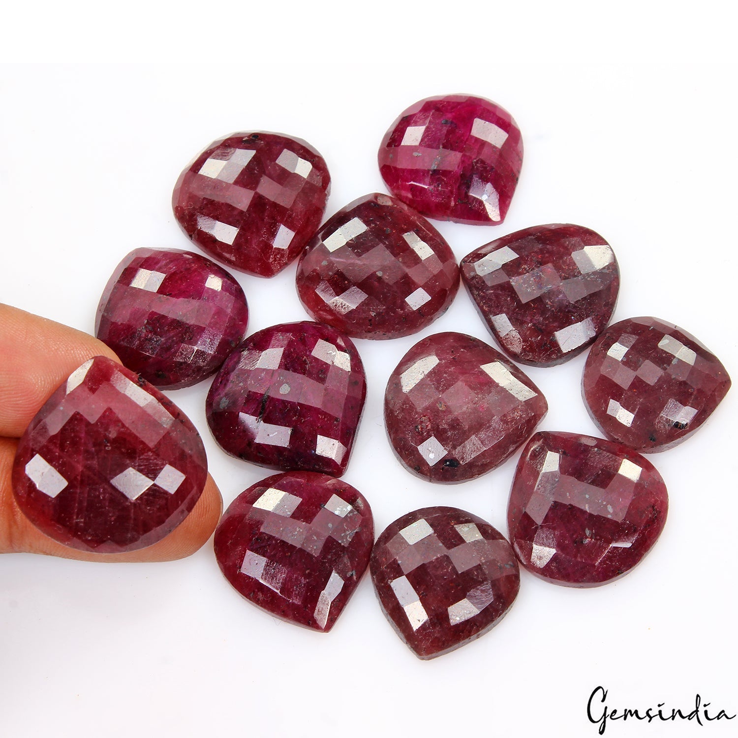12 Pcs Natural Dark Red Ruby Heart Checker Cut 21-27mm Gemstones w/Flat Back