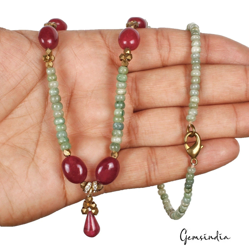 129.50 Ct Natural Red Ruby & Green Emerald Beaded Handmade Necklace For Women