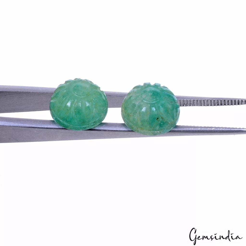 2 Pcs Natural Green Colombian Emerald 10mm Round Carved Certified Gemstones Pair