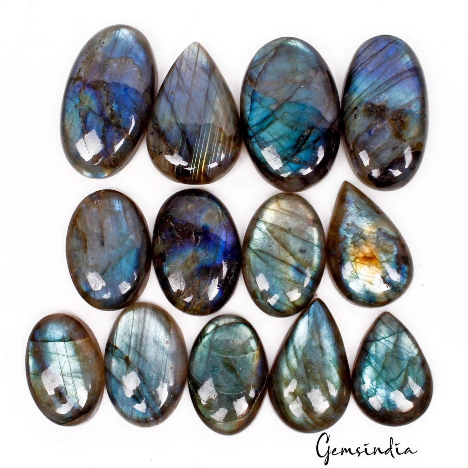 380 Cts/13 Pcs Natural Blue Shine Labradorite Mix Cabochon Loose Gemstones Lot