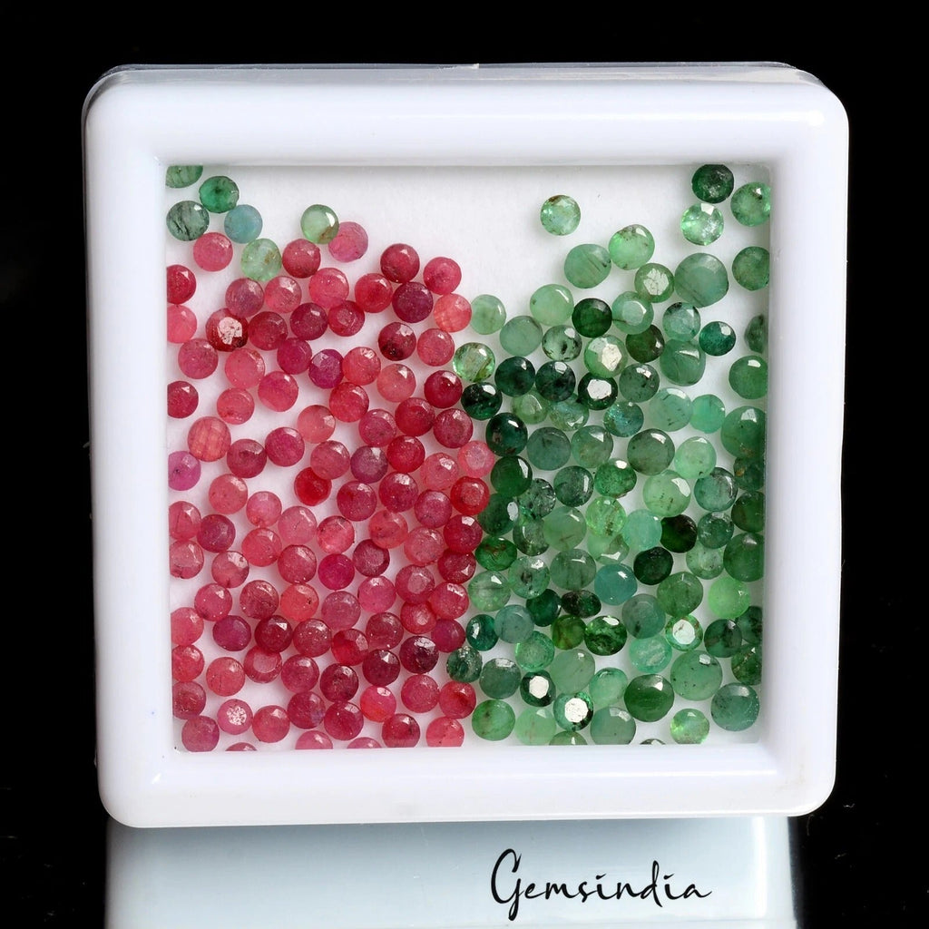2-3mm Round Cut Natural Emerald Ruby Loose Jewelry Kind Gemstones~ 22 Ct/200 Pcs