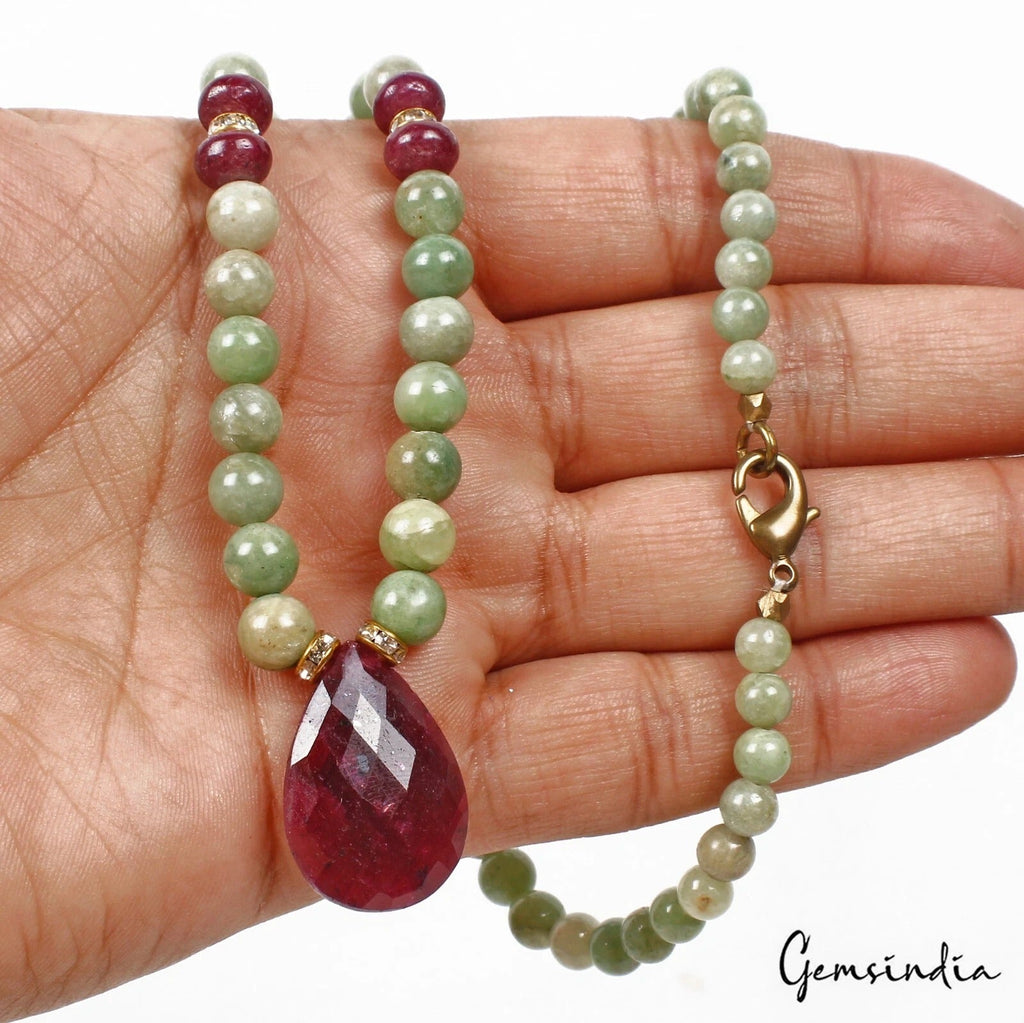 209.50 Cts Natural Green Emerald Red Ruby Beaded Handmade Designer Necklace 19"