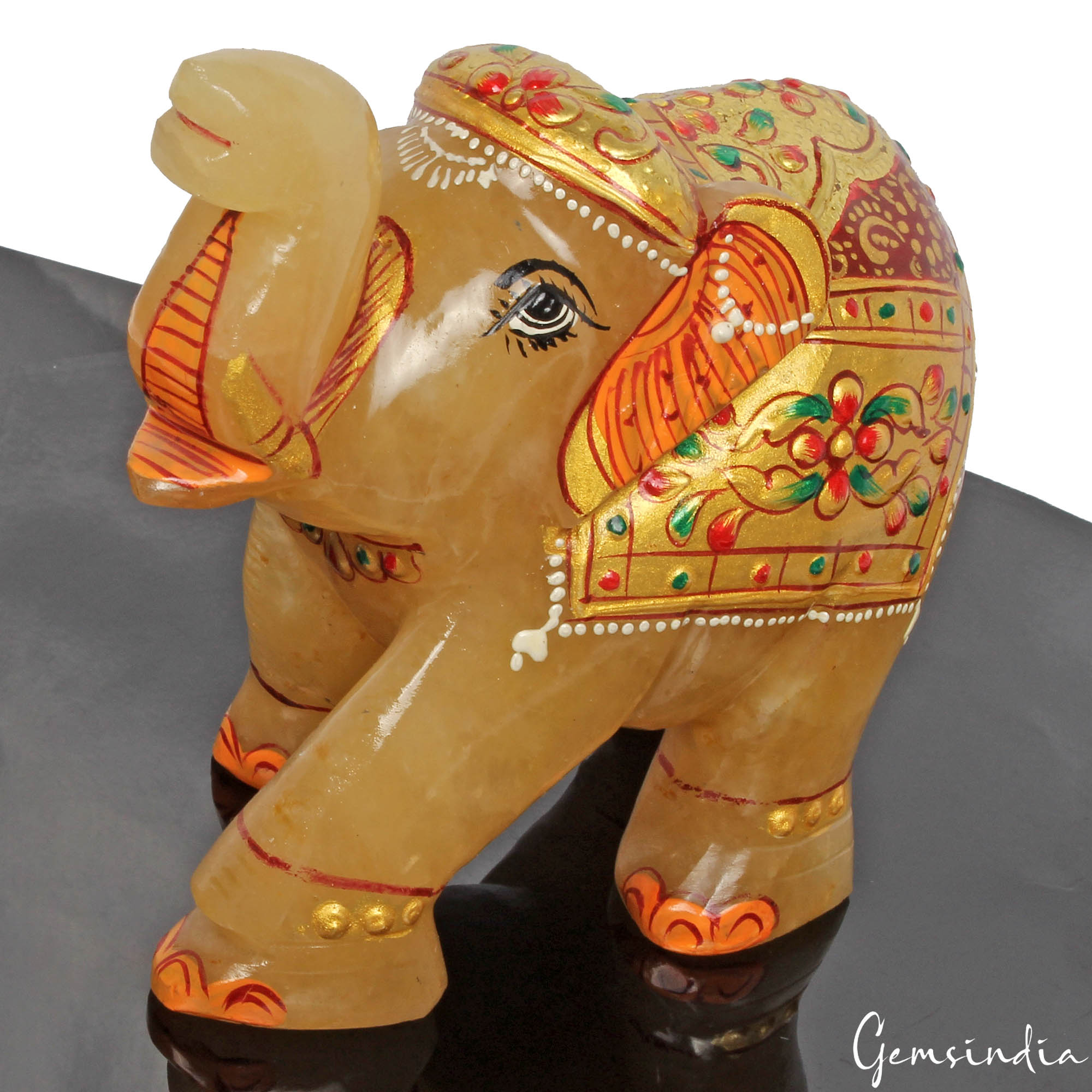 3080 Ct Hand Crafted Gold Painted Trunk Up Elephant Natural Aventurine Sculpture