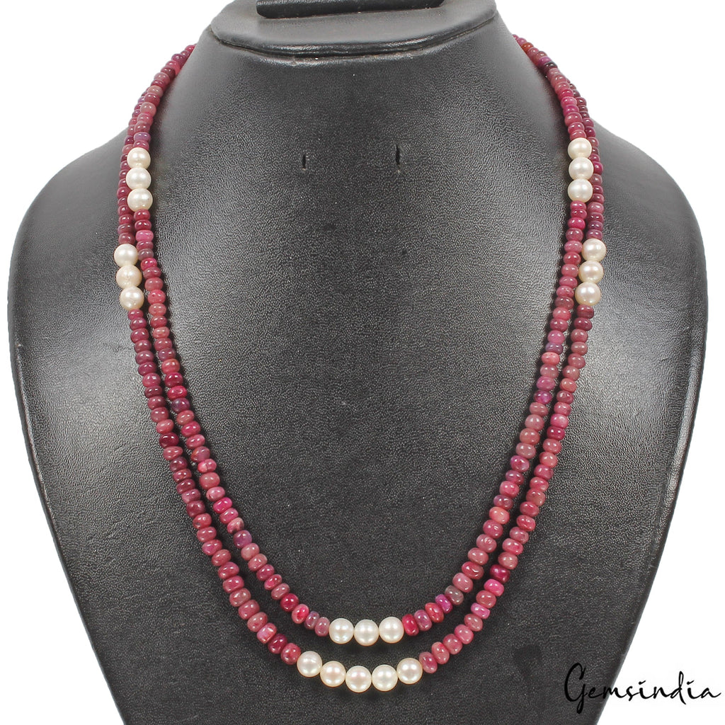 260.4 Ct Natural Red Ruby Freshwater Pearl Beaded Handmade Designer Necklace 20"