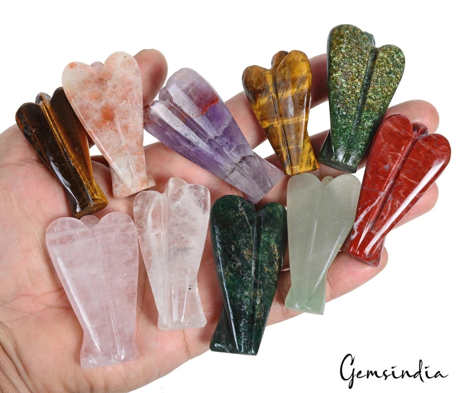 10Pc Healing Crystal Carved Pocket Gemstone Guardian Peace Angel Figurines Reiki