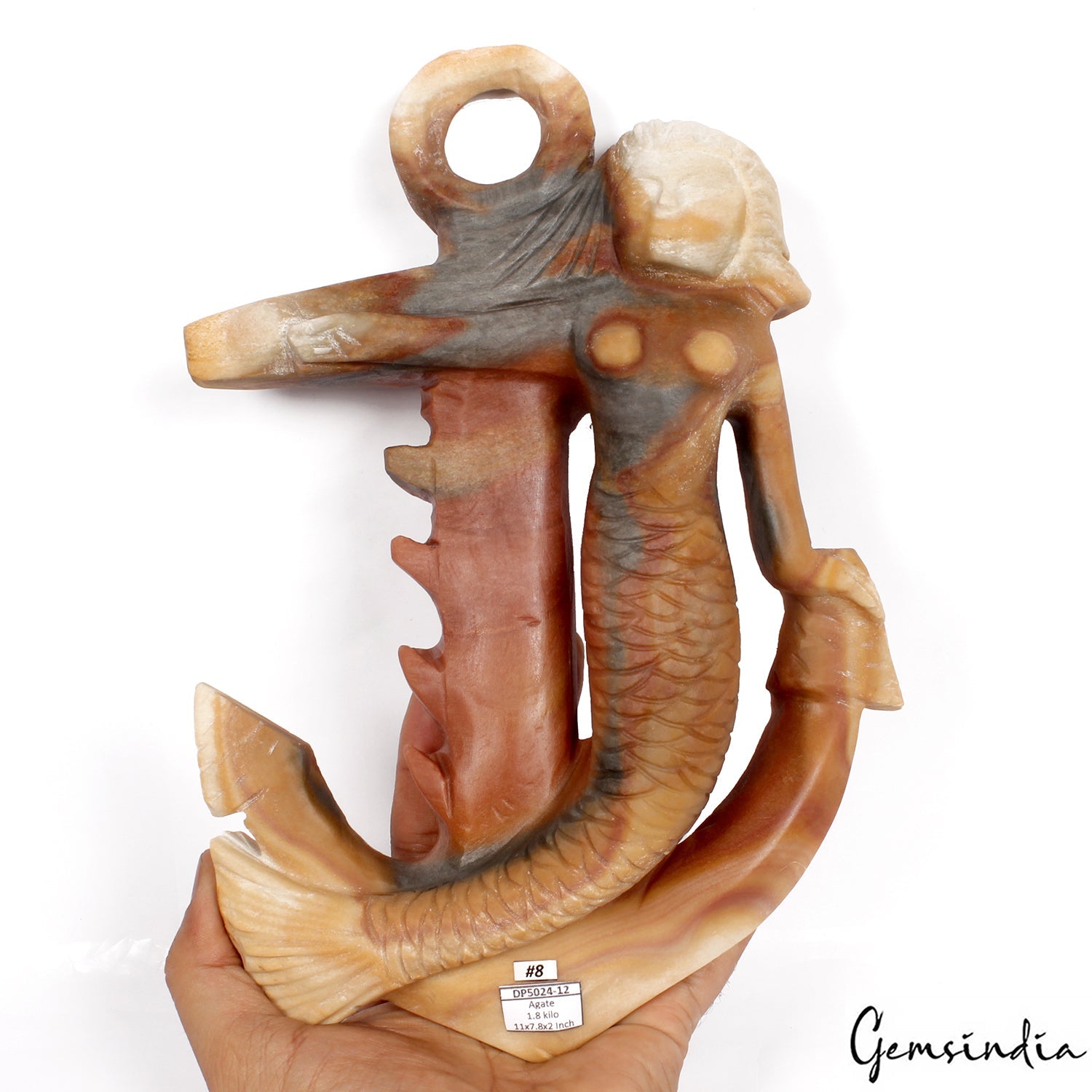 11” Tall Agate Gemstone Handmade Mermaid Hanging Sculpture For Home/Office Decor