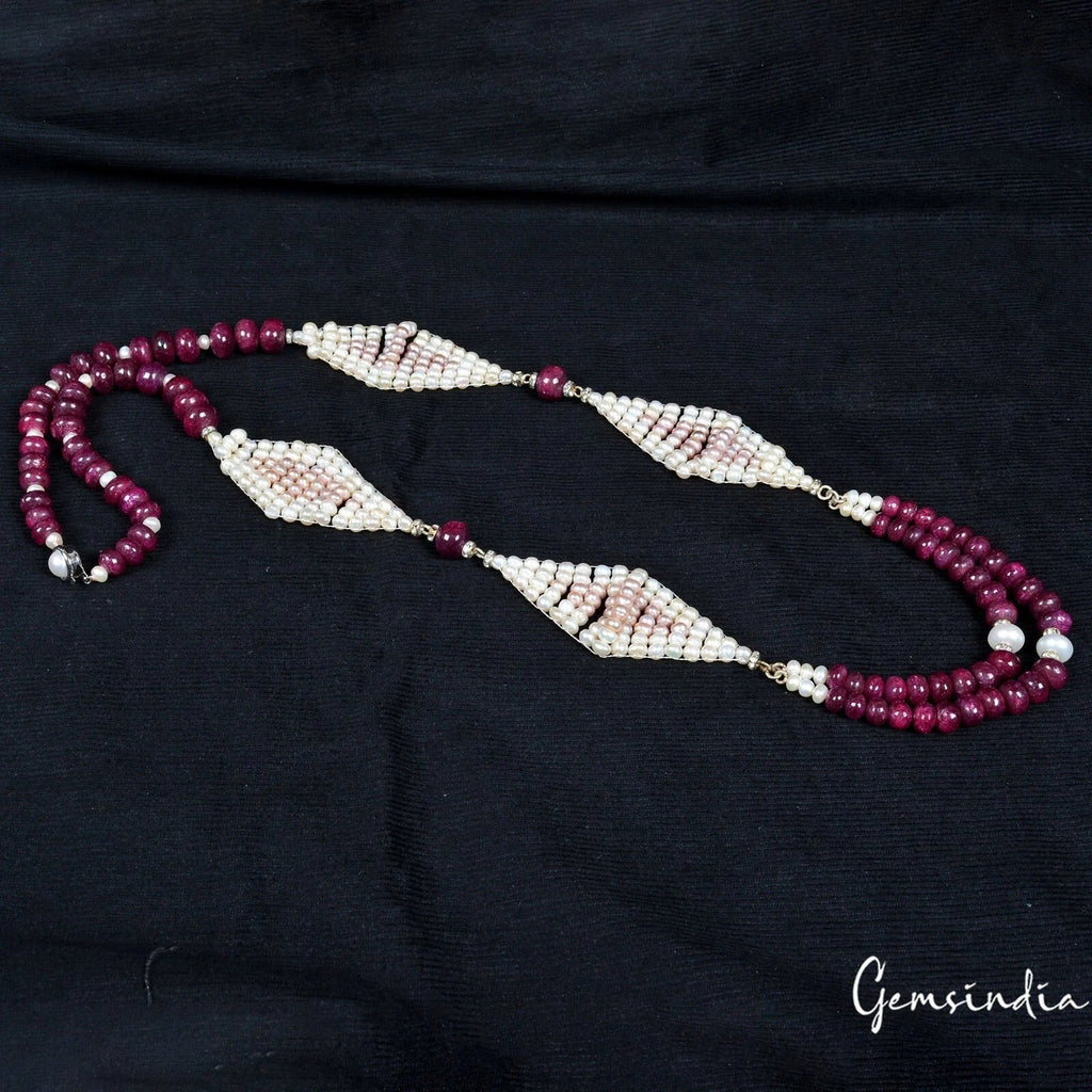 870 Cts Natural Red Ruby & Pearl Round Cab Beaded Handmade Designer 34" Necklace