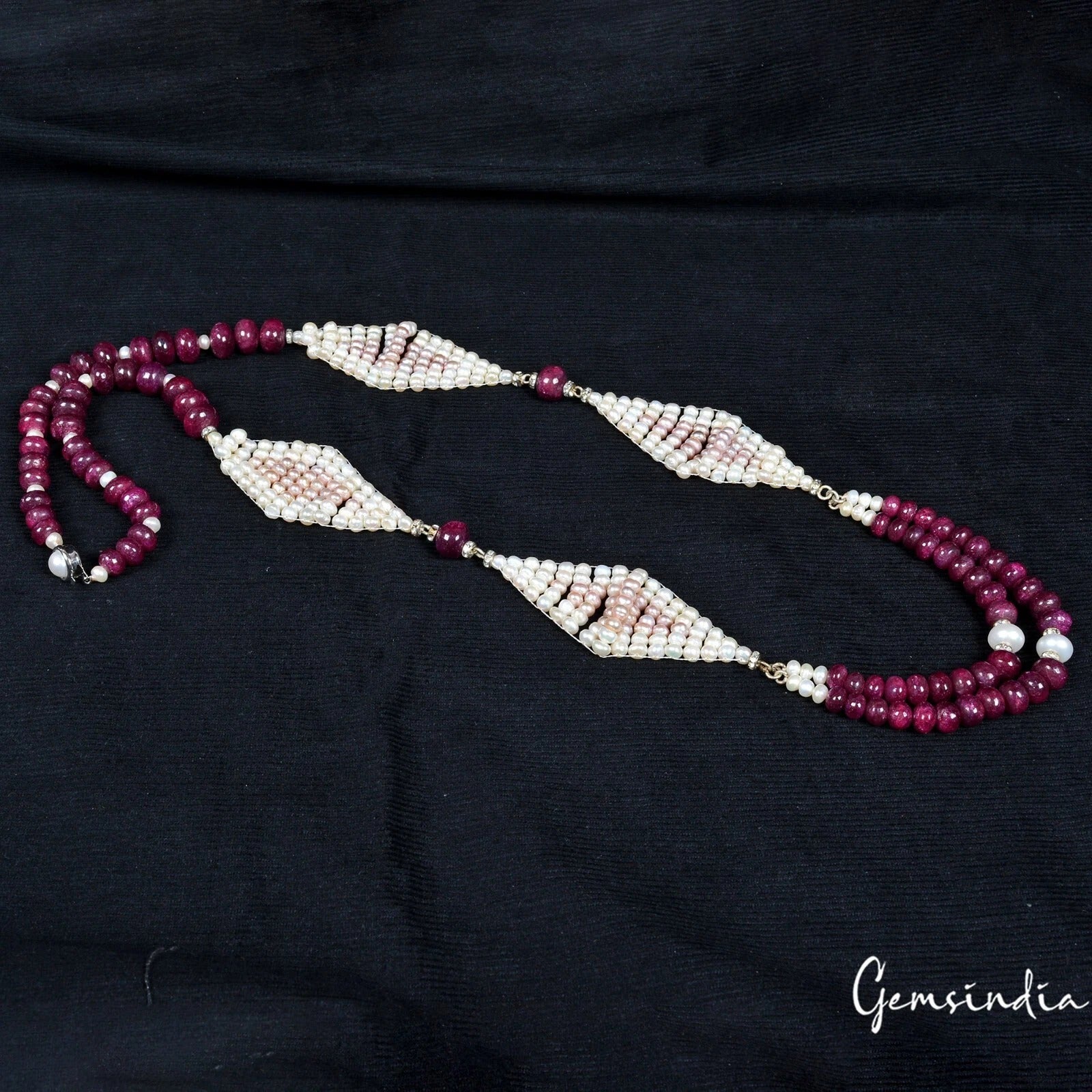 870 Cts Natural Red Ruby & Pearl Round Cab Beaded Handmade Designer 34" Necklace