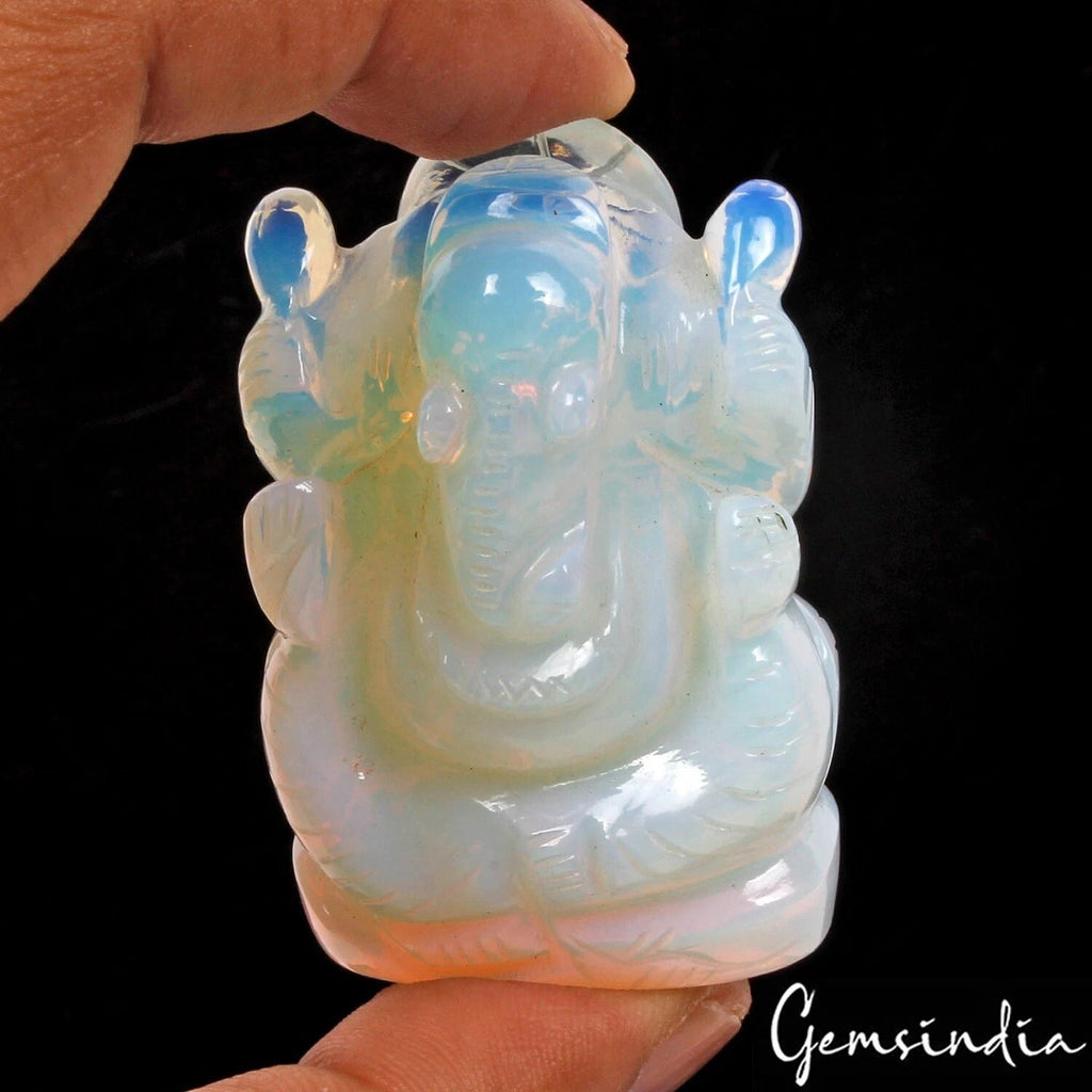 360 Cts Hydro Opal Blue Shine Stone Hand Carved Artwork Lord Ganesha Sculpture I