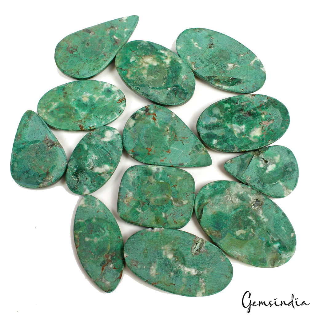 500 Ct/13 Pcs Natural Untreated Green Chrysocolla Mixed Cab Gems Lot For Jewelry