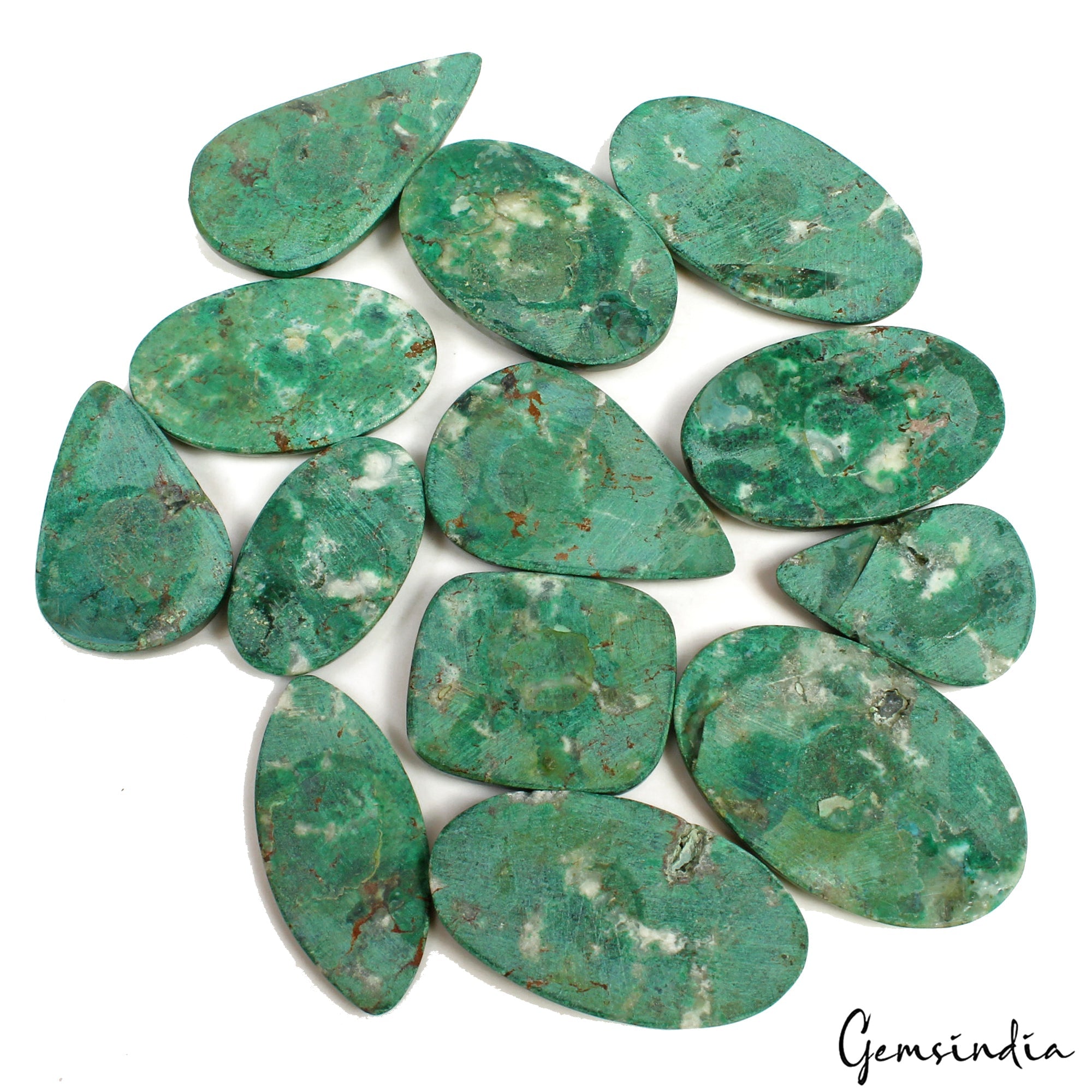 500 Ct/13 Pcs Natural Untreated Green Chrysocolla Mixed Cab Gems Lot For Jewelry