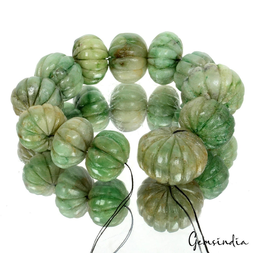 450 Cts/12 Pcs Natural Green Emerald Round Pumpkin Carved Drill Beads Gems Lot