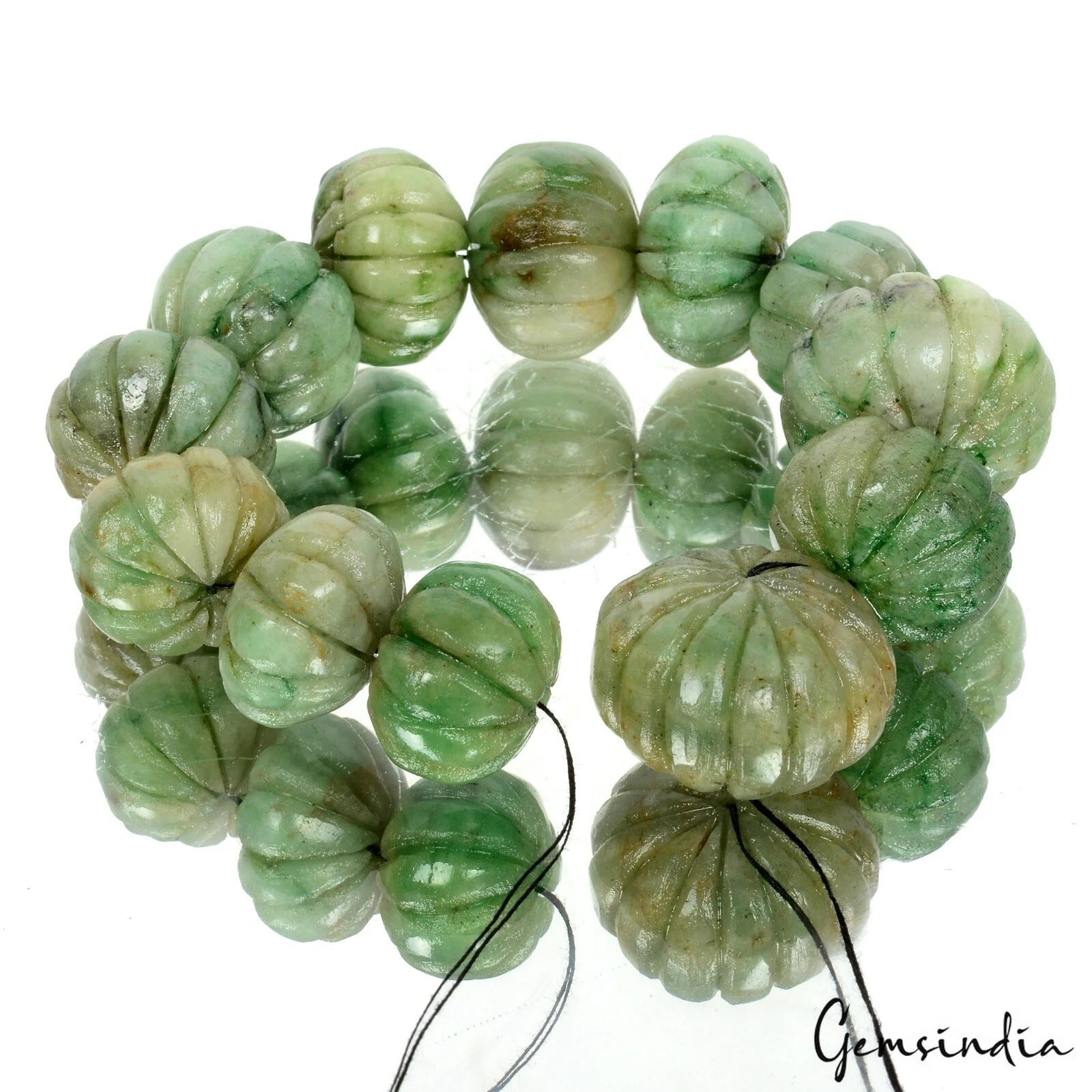 450 Cts/12 Pcs Natural Green Emerald Round Pumpkin Carved Drill Beads Gems Lot
