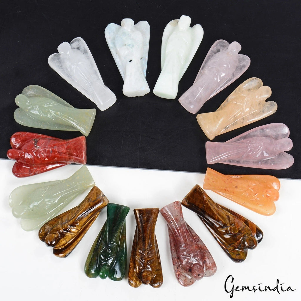 15Pc Healing Crystal Carved Pocket Gemstone Guardian Peace Angel Figurines Reiki
