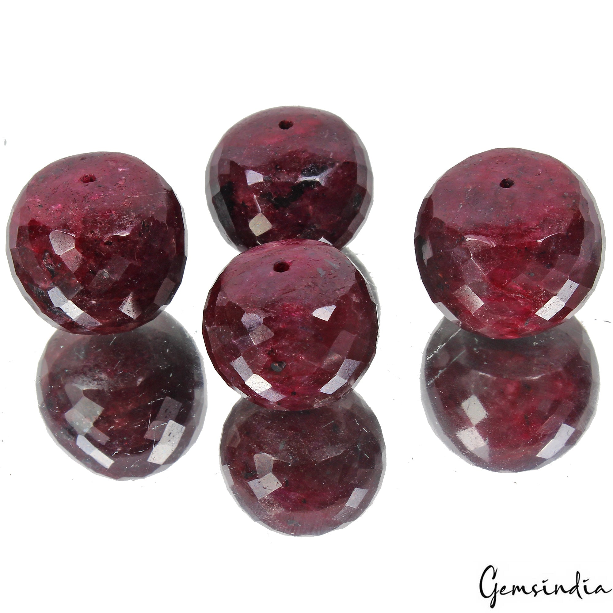 4 Pcs Natural Red Ruby Round Checker Cut Huge Drilled Bead Gemstones Lot~ 640 Ct