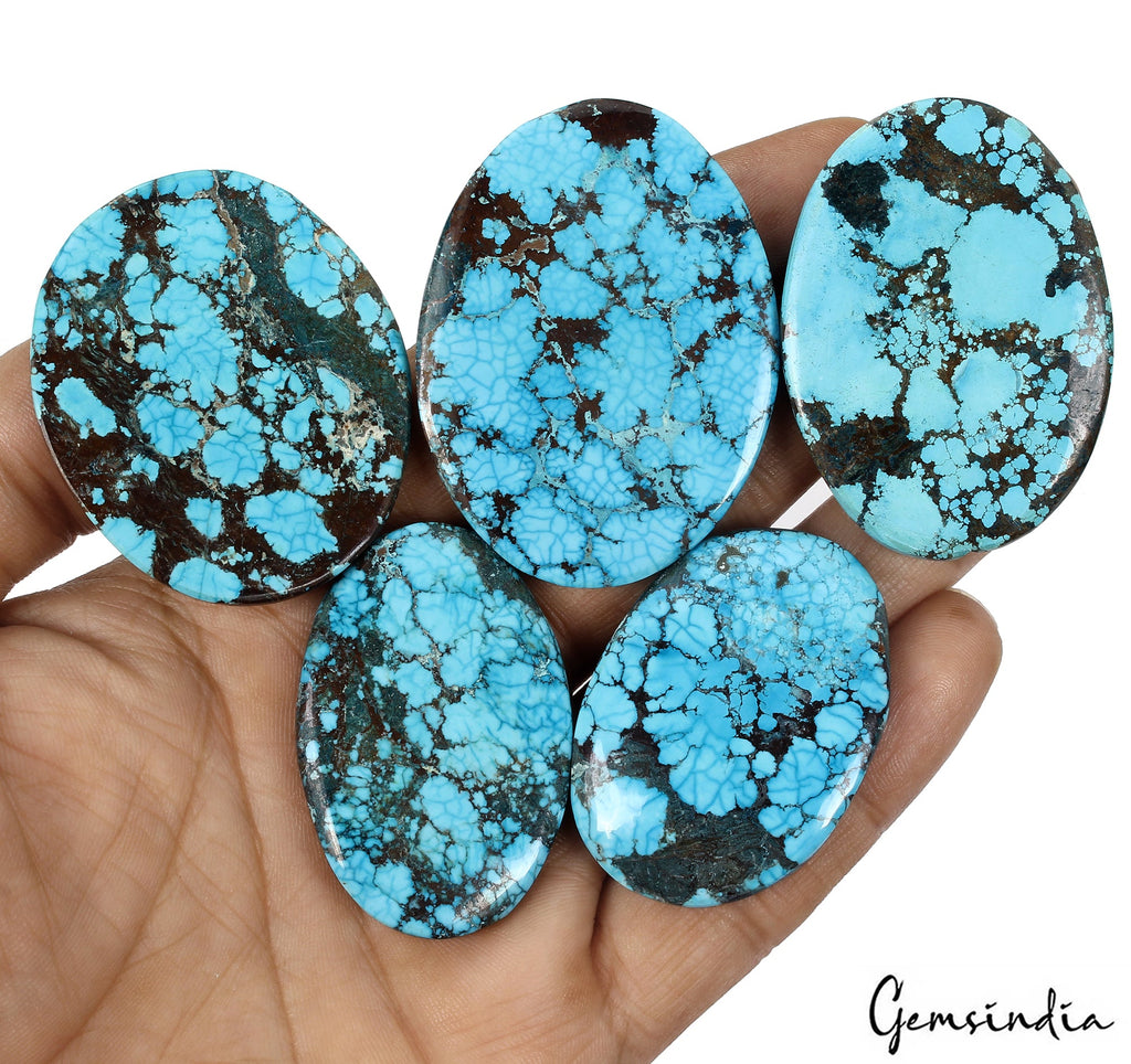 470 Ct Natural Spiderweb Blue Turquoise Oval Cabochon Loose Gemstone Lot 5  Pcs