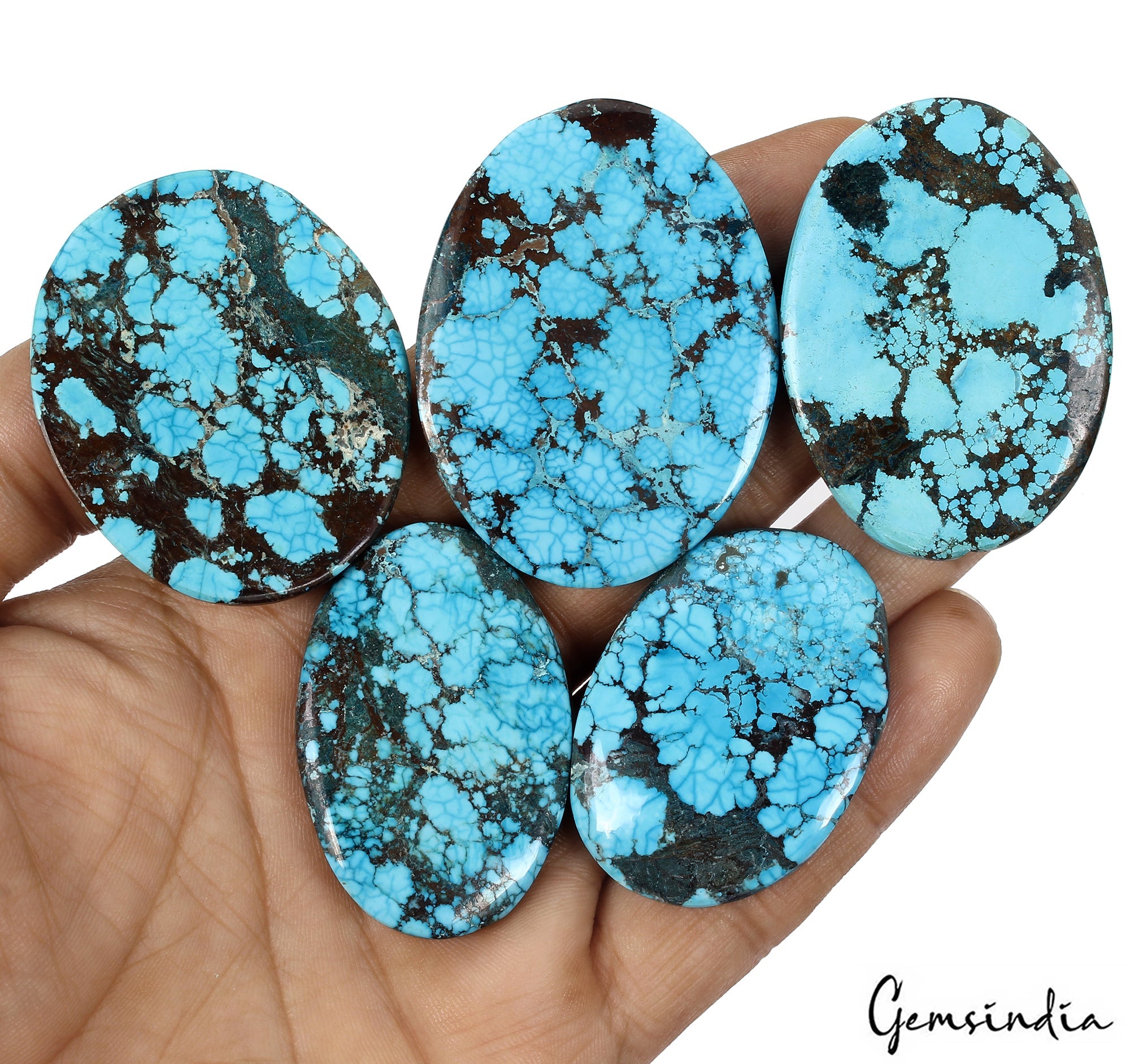 470 Ct Natural Spiderweb Blue Turquoise Oval Cabochon Loose Gemstone Lot 5  Pcs