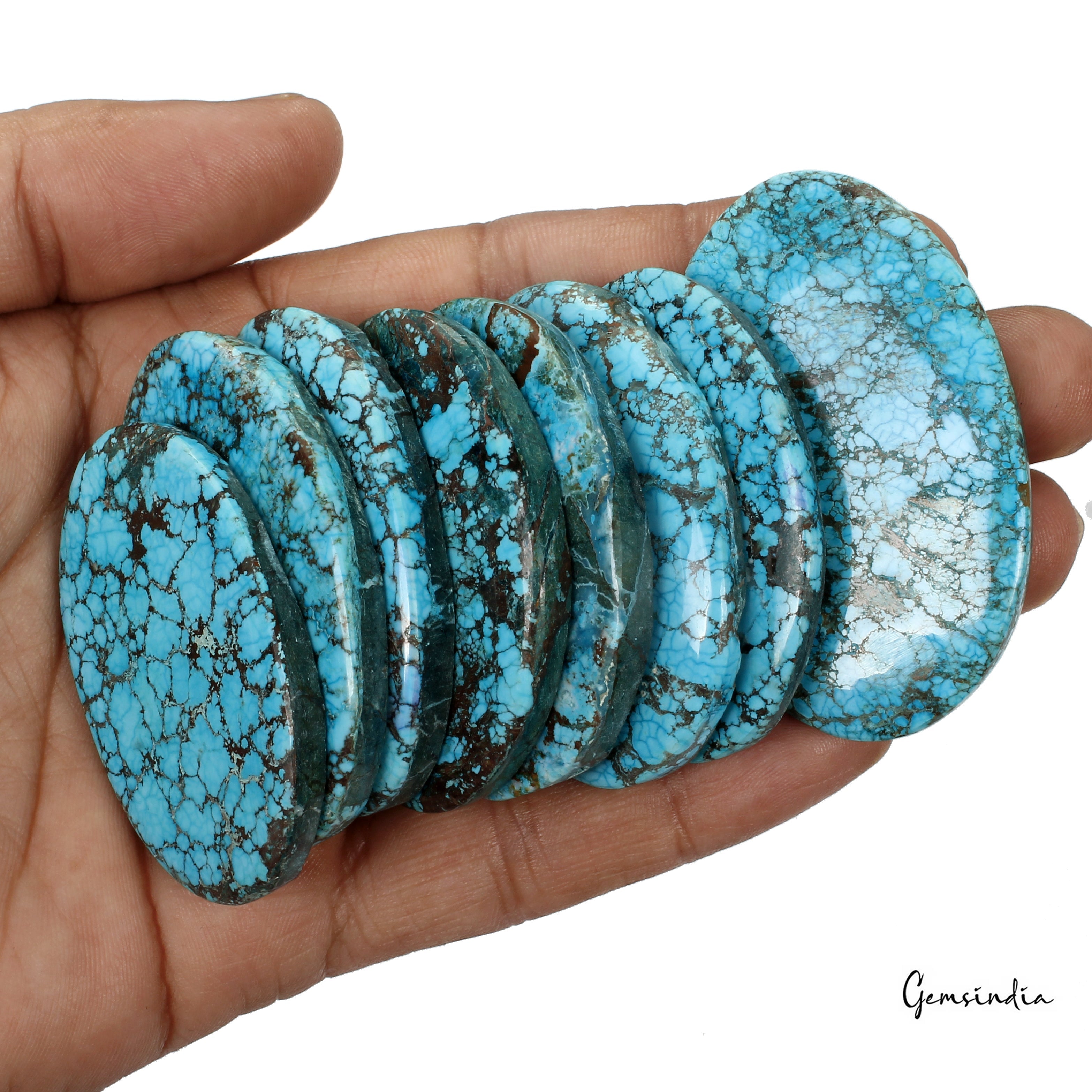 800 Ct/8 Pcs Natural Spiderweb Blue Turquoise Oval Cabochon Loose Gemstone Lot