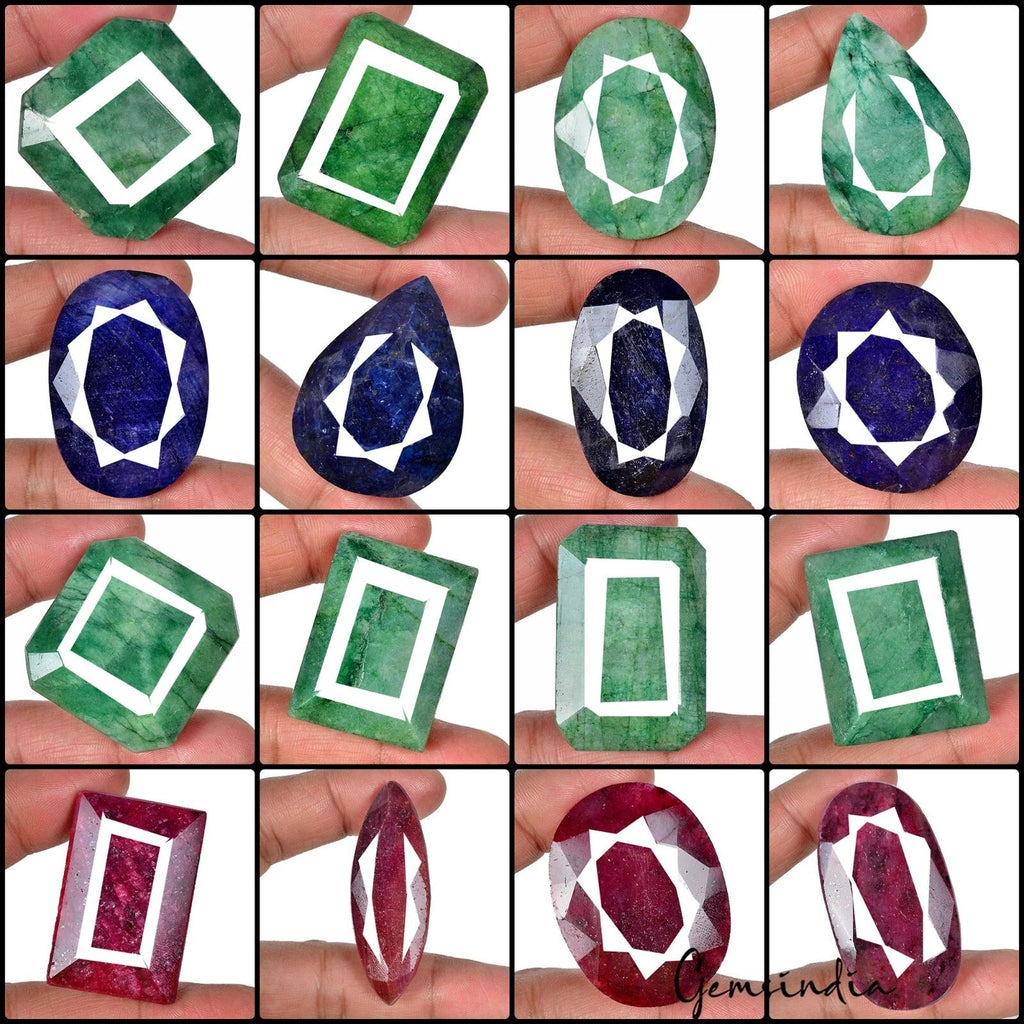 Natural 2673 Ct/16 Pcs Ruby Emerald & Sapphire Mix Shape Loose Gemstones 34-53mm