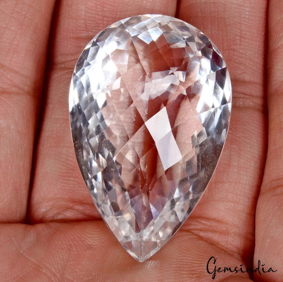 Certified 100.90Ct Natural Crystal White Quartz Pear Checker Cut Loose Gemstone