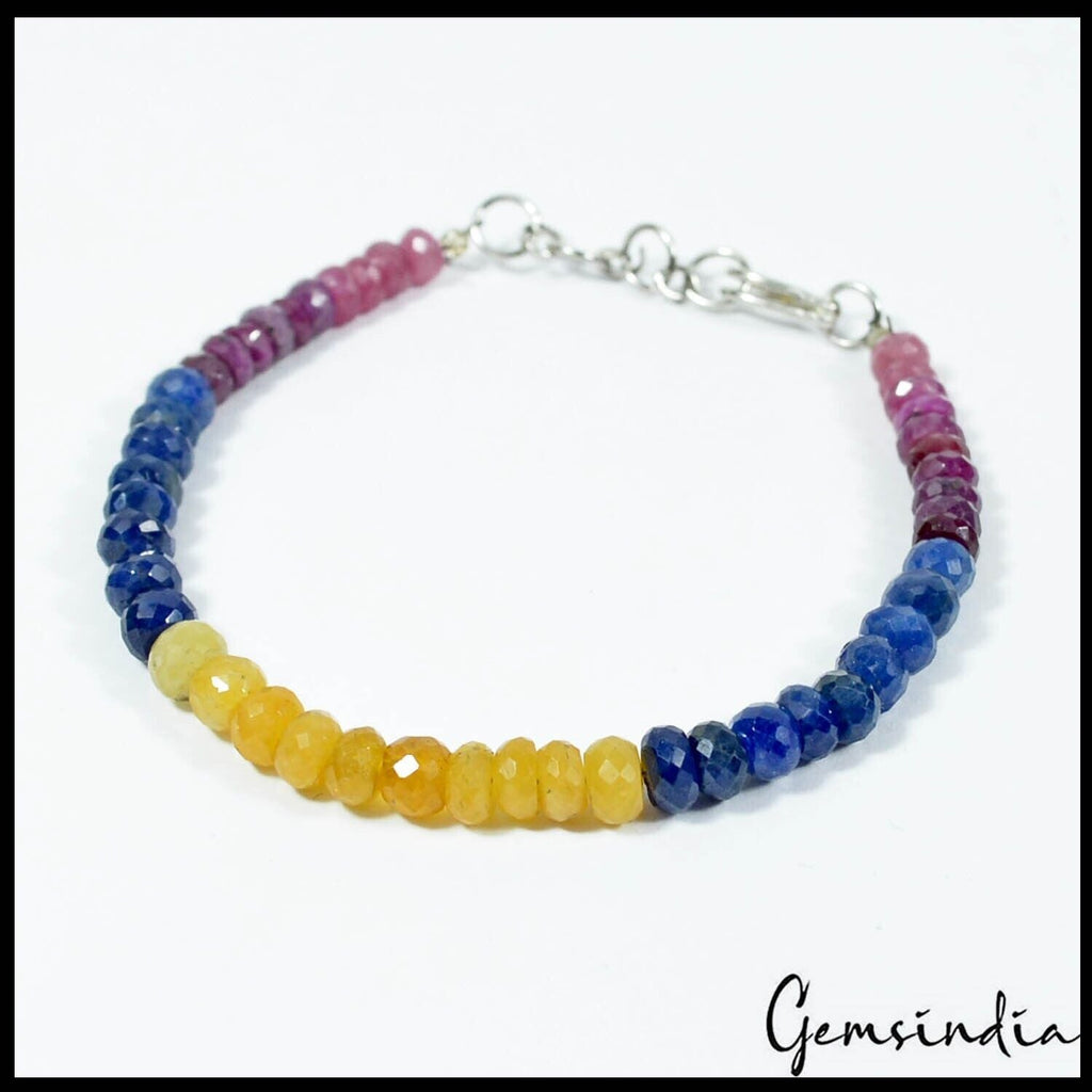 7.5" Natural Ruby Sapphire Handmade Multi gemstones Beaded Single Line Bracelet
