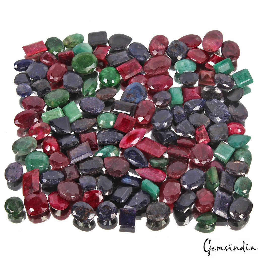 1400 Cts/123 Pcs Natural Red Ruby Green Emerald Blue Sapphire Mix Cut Loose Gems