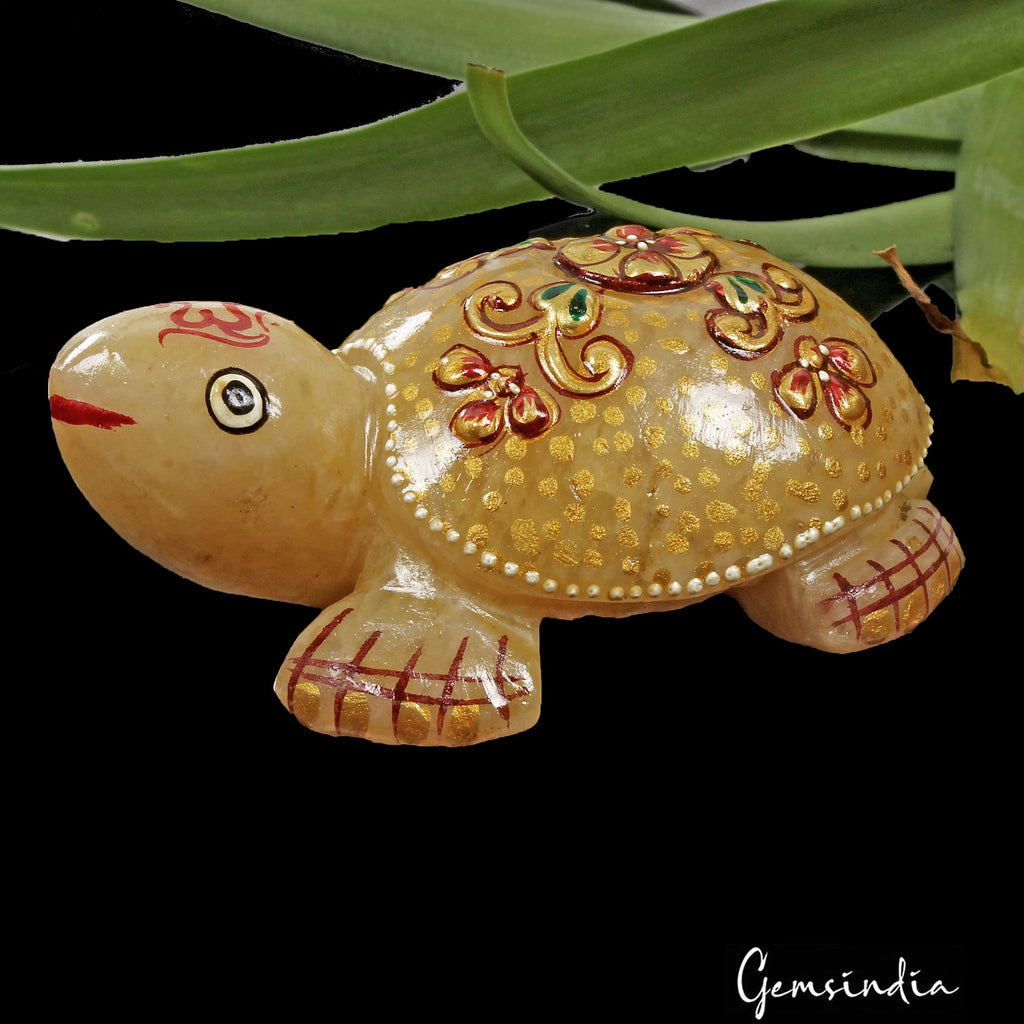 580 Cts Natural Untreated Yellow Aventurine Turtle Carved Golden Patined Statue