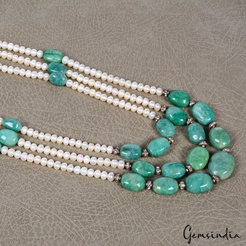 790 Ct Natural Emerald Pearl Beaded Long 3 Strand Necklace Jewelry For Women 36"