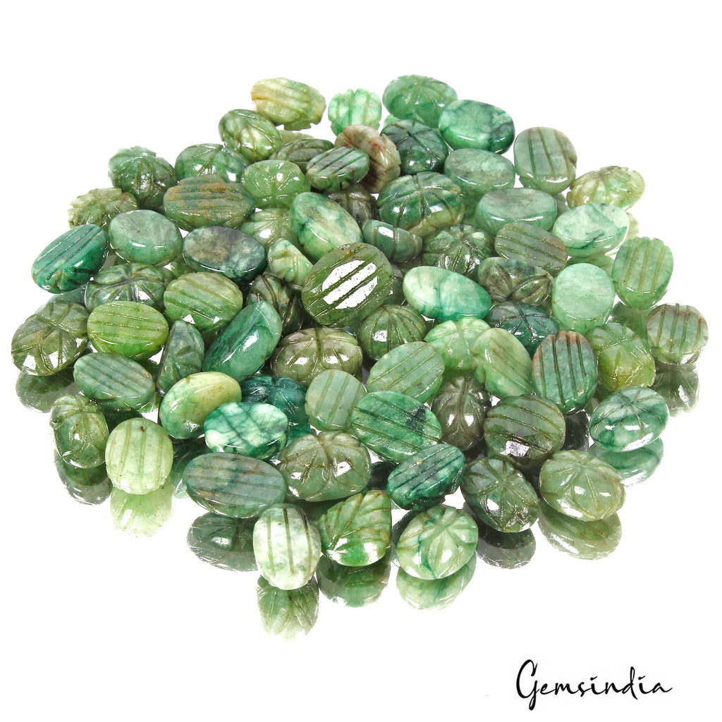 600 Cts/71 Pcs Natural Green Emerald Oval Hand Carved Loose Gems Lot For Jewelry