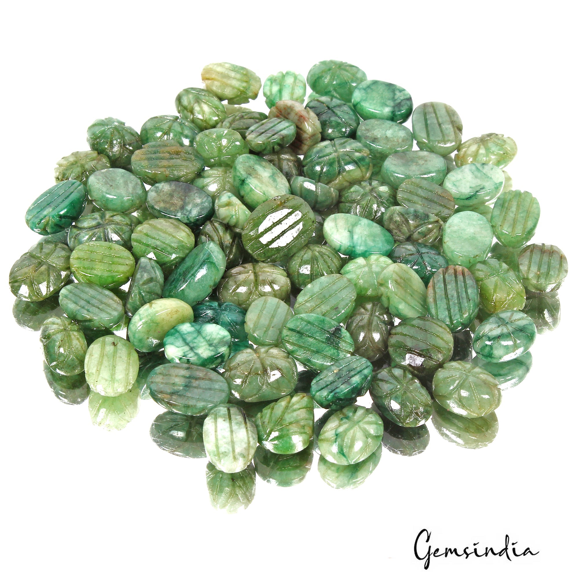 600 Cts/71 Pcs Natural Green Emerald Oval Hand Carved Loose Gems Lot For Jewelry