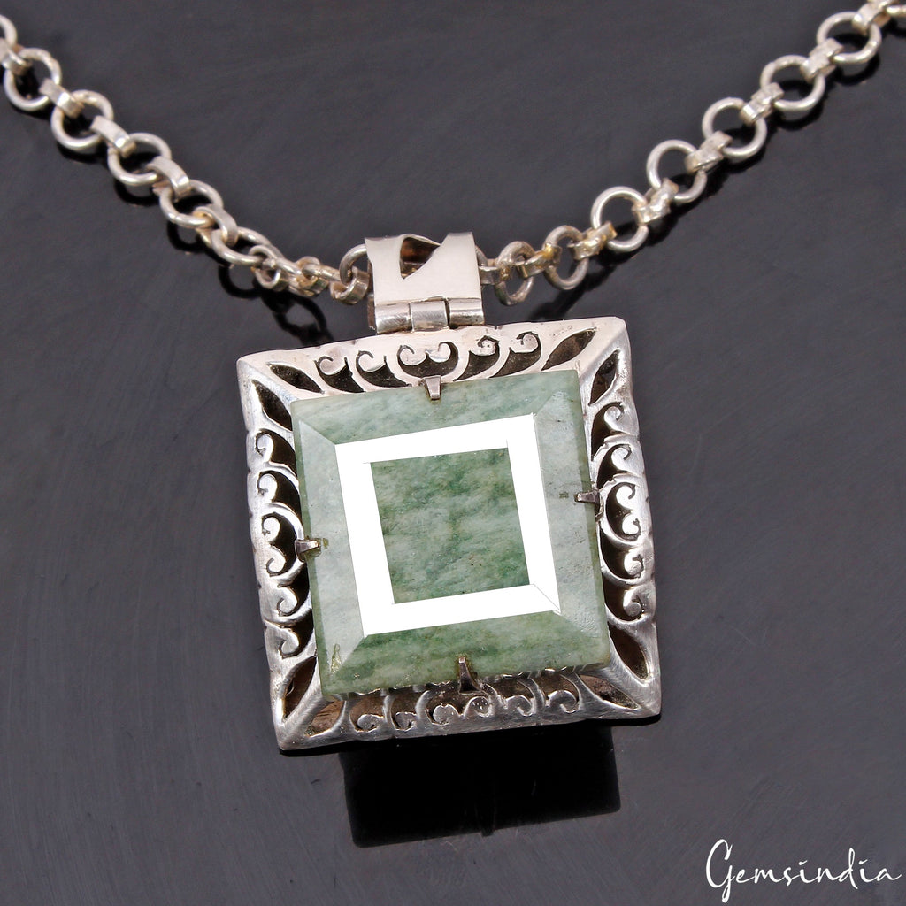29.41 Gm Natural Green Emerald 925 Sterling Silver Hand Crafted Square Pendant