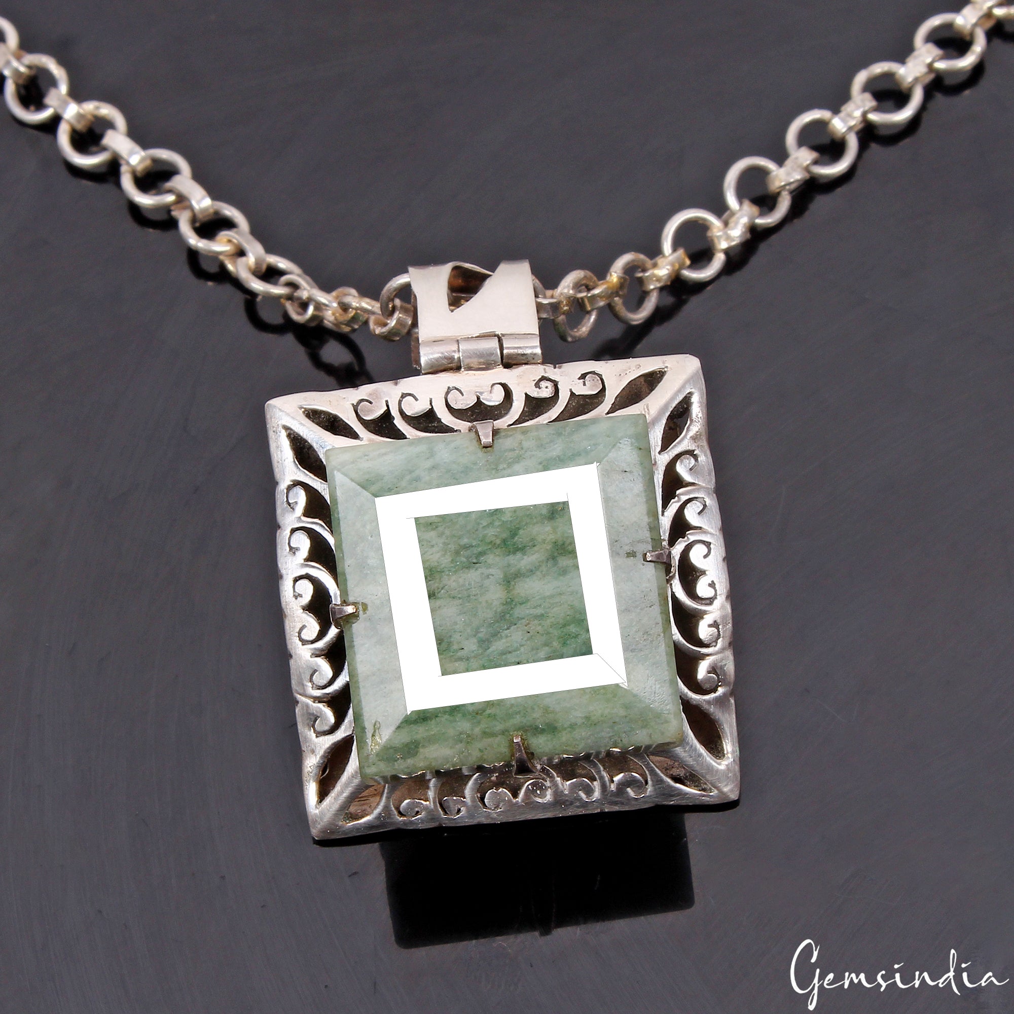 29.41 Gm Natural Green Emerald 925 Sterling Silver Hand Crafted Square Pendant