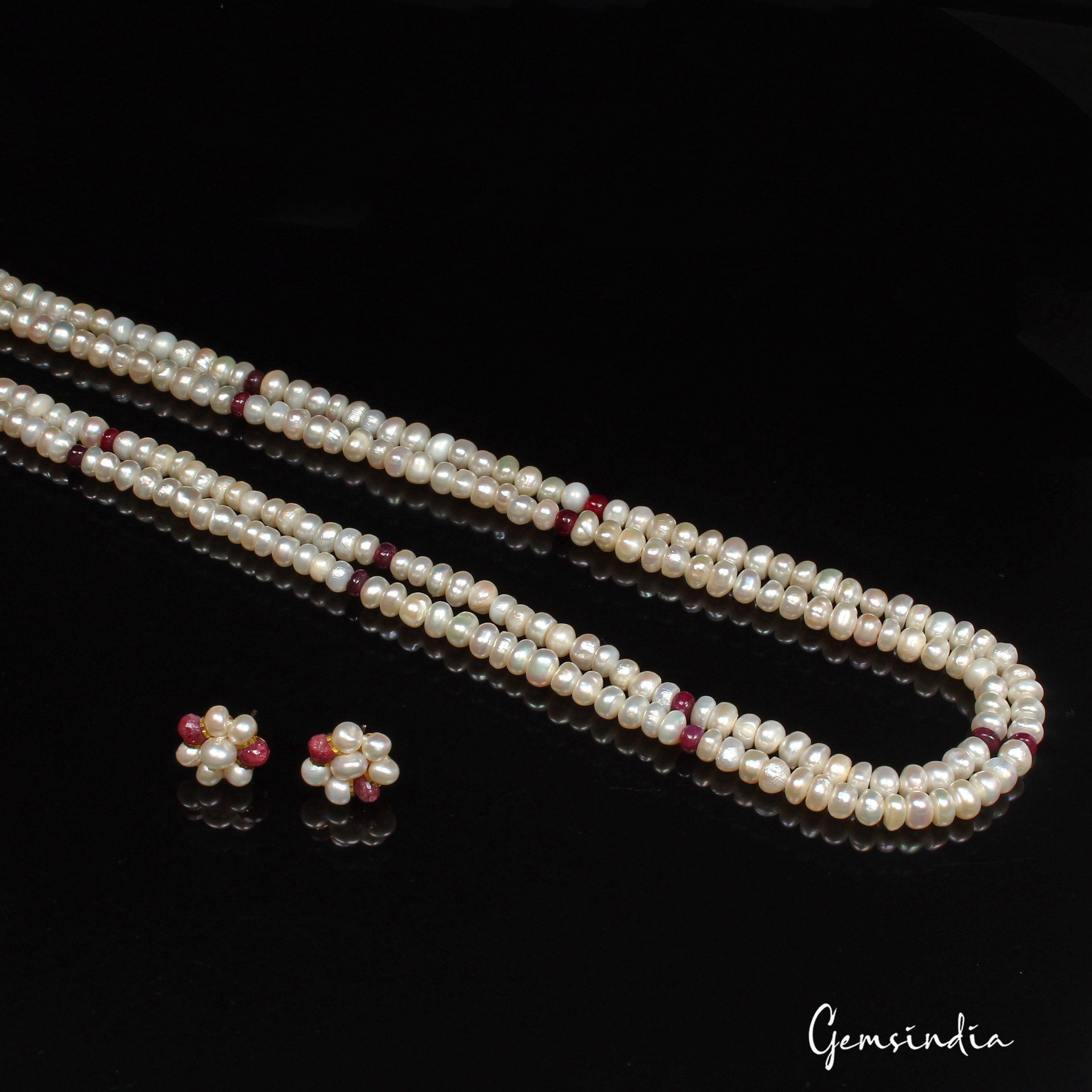 247.00 Ct Natural Freshwater Pearl & Ruby Round Cab Beaded Handmade Necklace Set