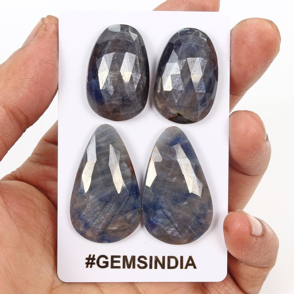 2 Pairs Natural Untreated Blue Sapphire 30-37mm Rose Checker Cut Loose Gemstones