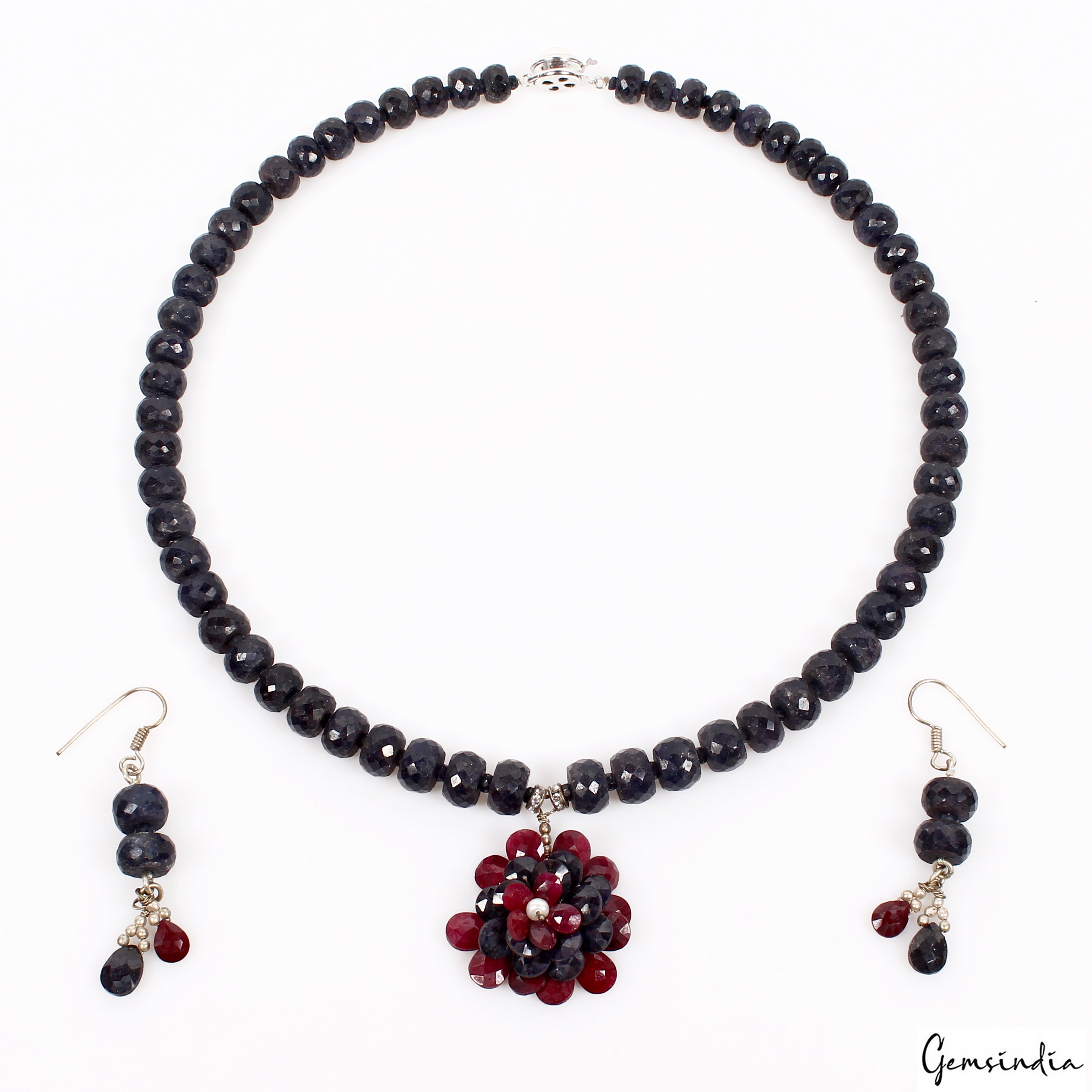 534 Cts Natural Sapphire Ruby Gemstone Floral Design Pendant Necklace w/Earrings