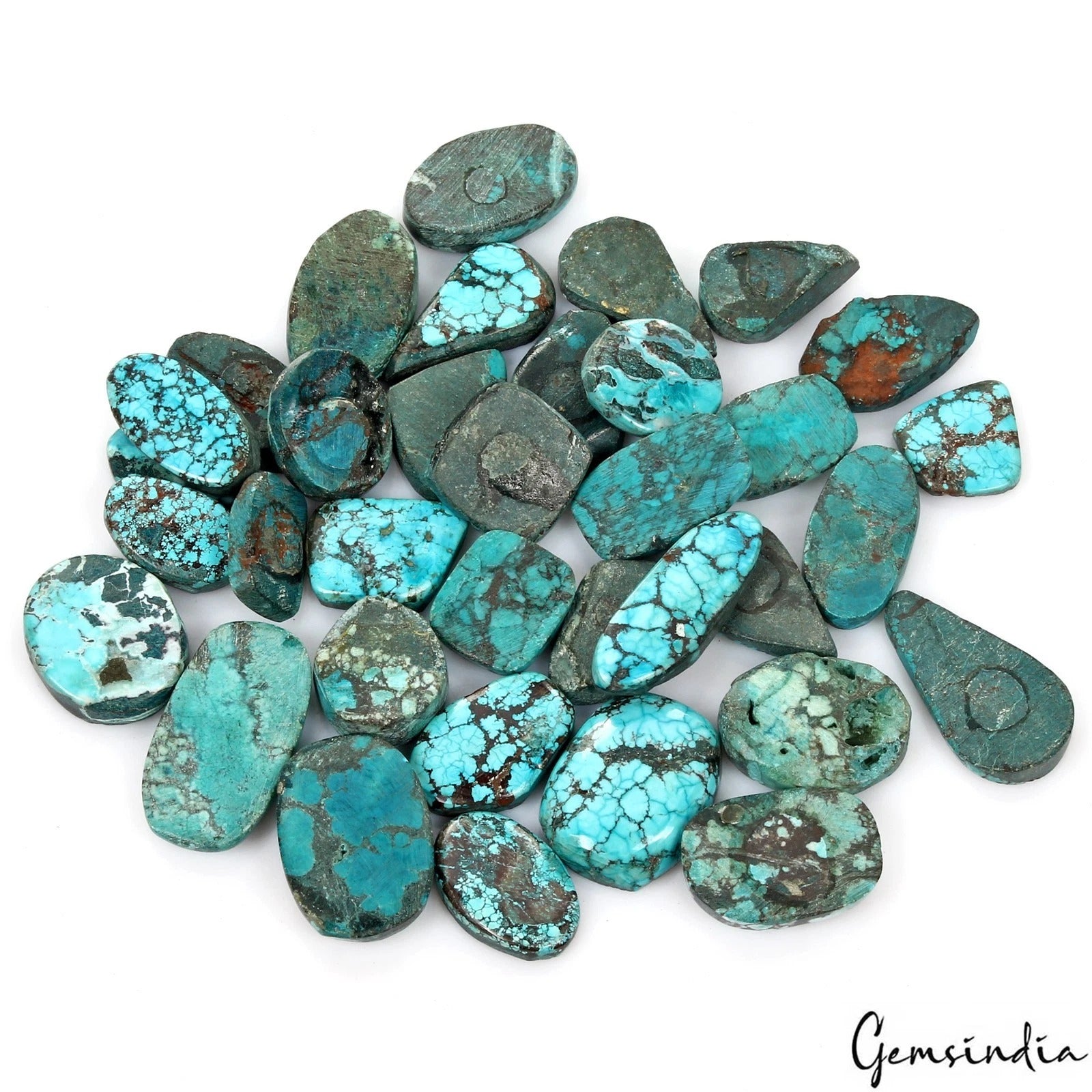 Turquoise Lot, Cabochon, Oval Pear Freeform Cabochon, Color Enhanced — 35 Pieces, 17mm to 31mm, 600 Ct