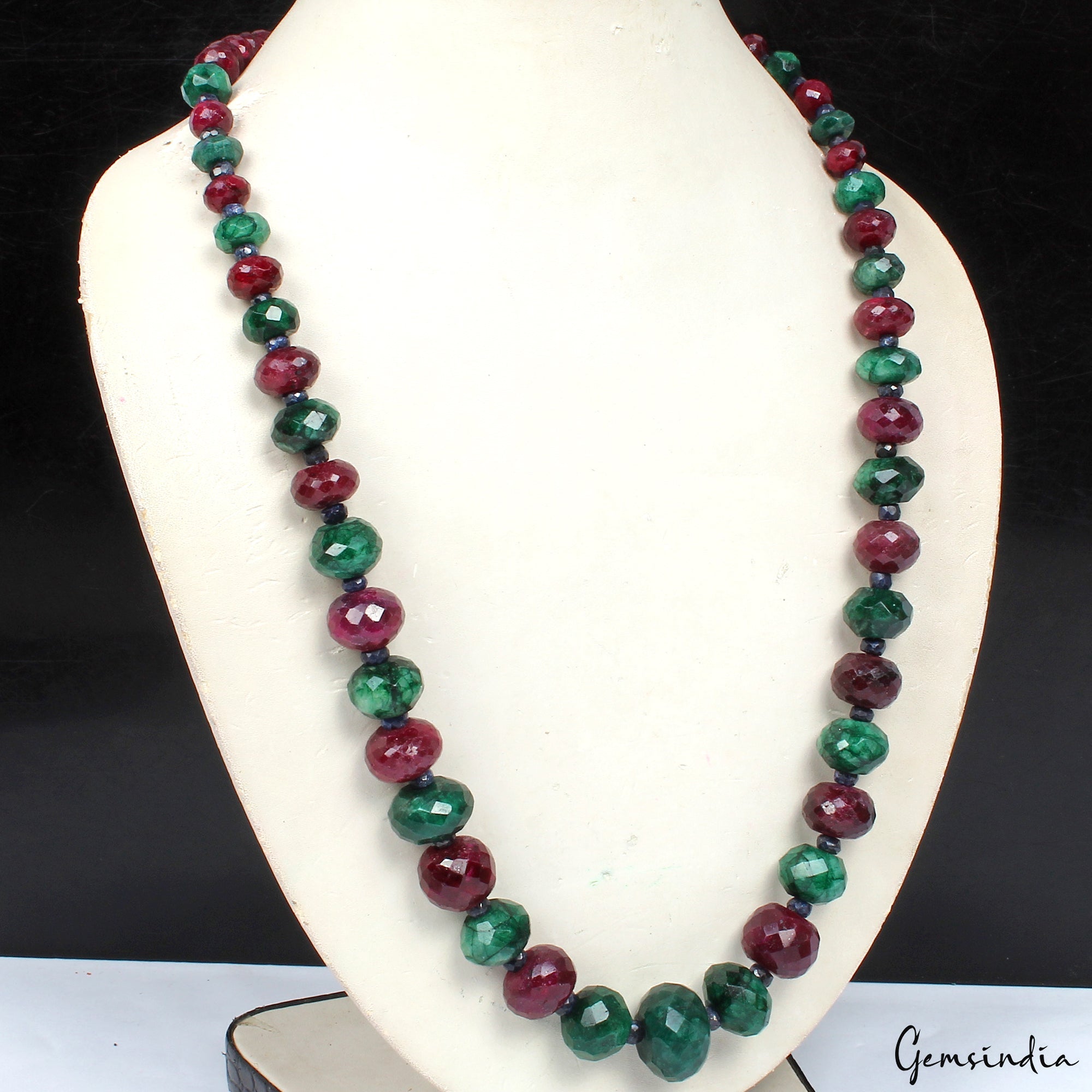 Natural Multi Ruby Emerald Sapphire Gems Round Cut Beads Necklace 19 Inch