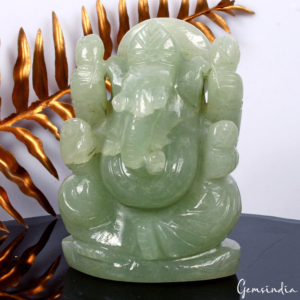 2175 Ct Natural Green Aventurine Single Stone Ganesha Hand Carved Sculpture 3.7"