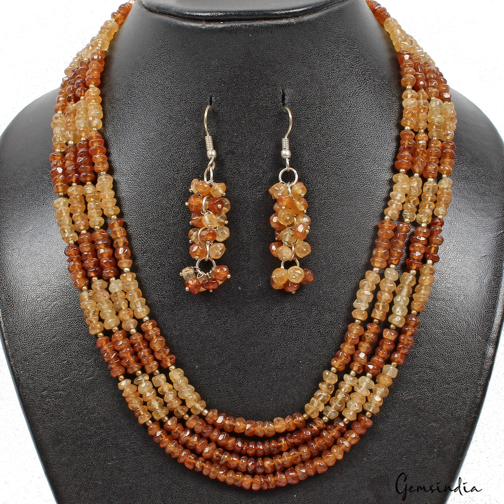 588.80 Ct Multi Shade Hessonite Garnet Round Cut 4 Strand Necklace with Earrings