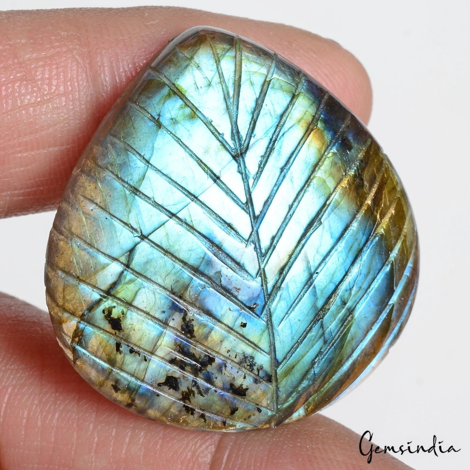 65.60 Cts Natural Carved Labradorite 36x35mm Pear leaf Flashy Pendant Size Gems