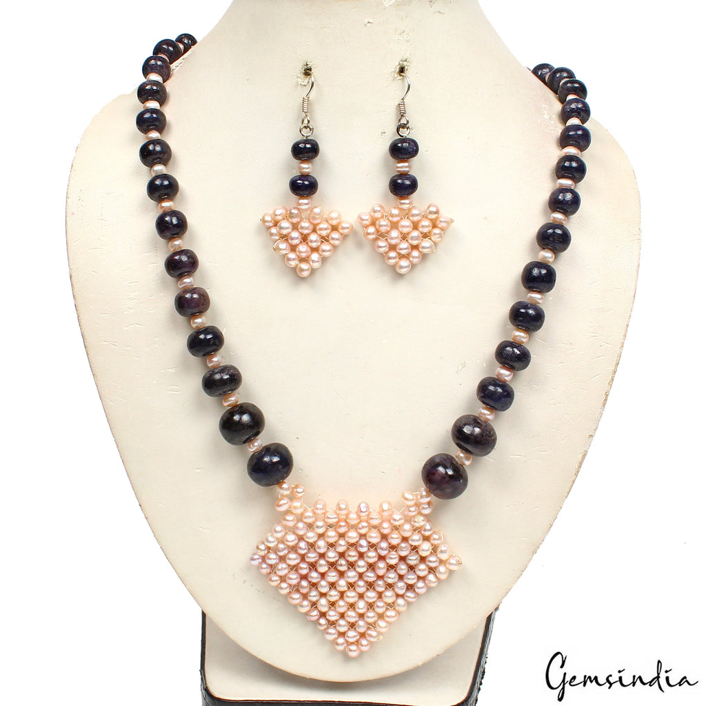 640.30 Cts Natural Blue Sapphire & Peach Pearl Round Beads Handmade Jewelry Set